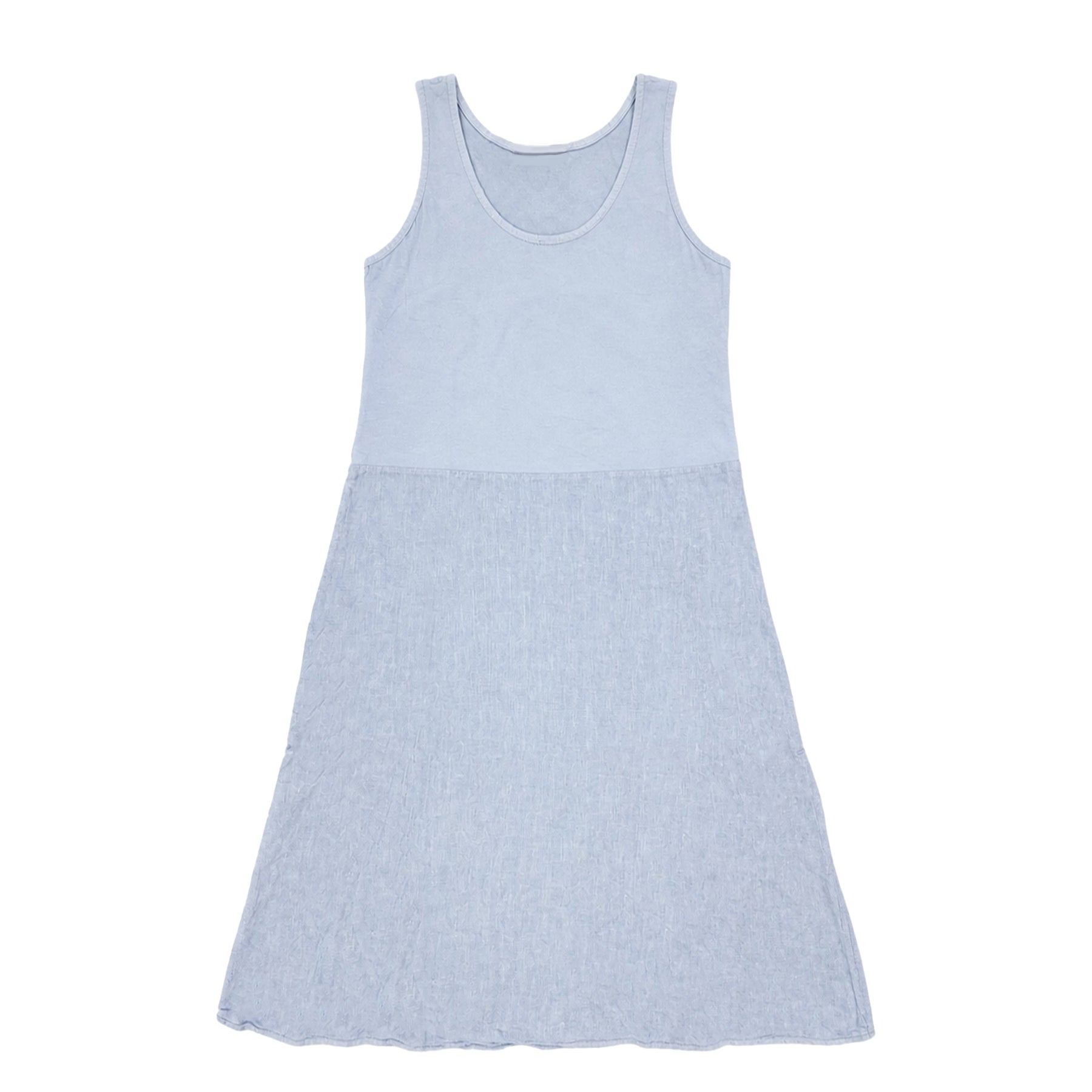 Light blue sleeveless A-line dress flat lay on white background, featuring a soft knit bodice and textured skirt with a relaxed, feminine silhouette.