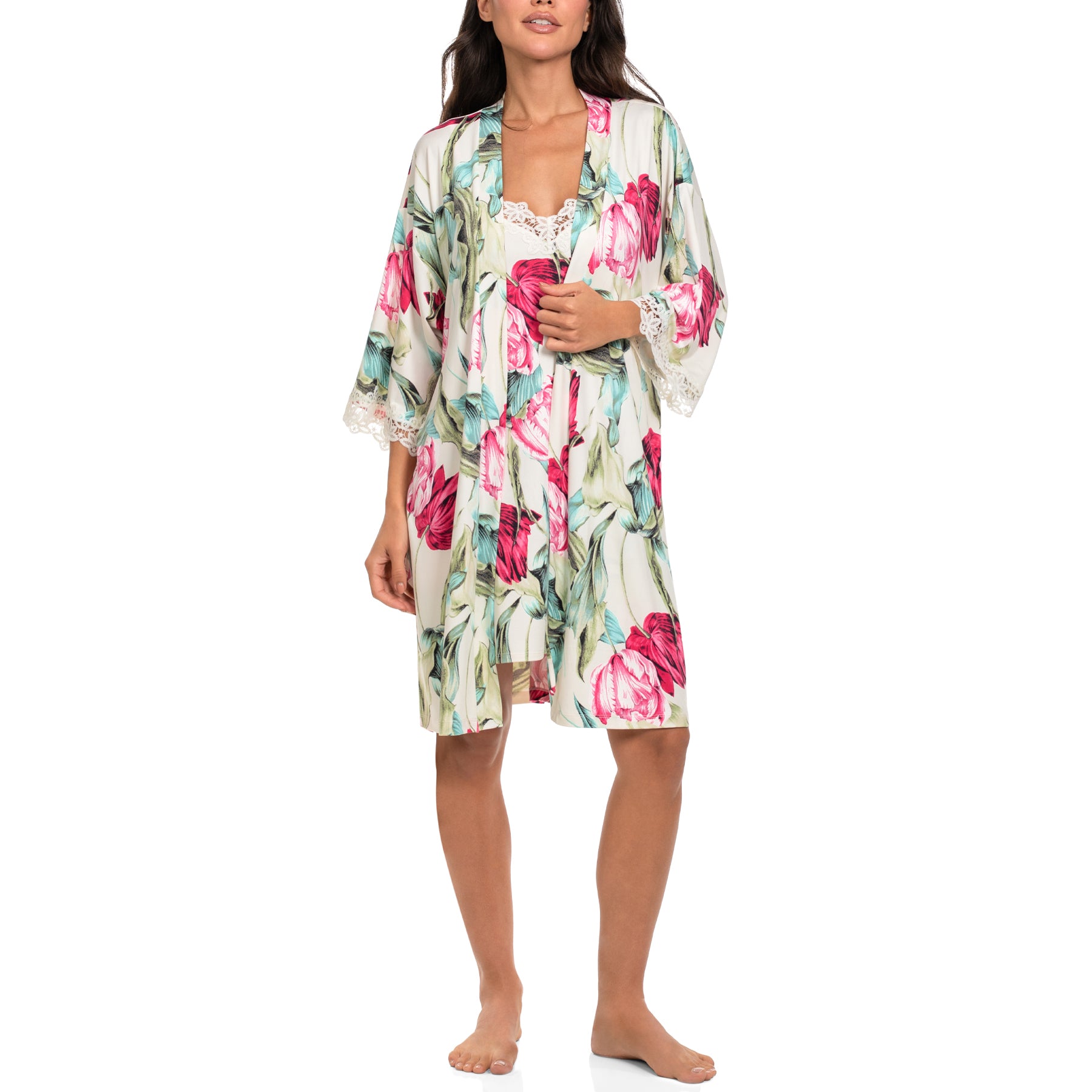 Tulip floral print robe with lace-trim sleeves and matching tie belt, front view.