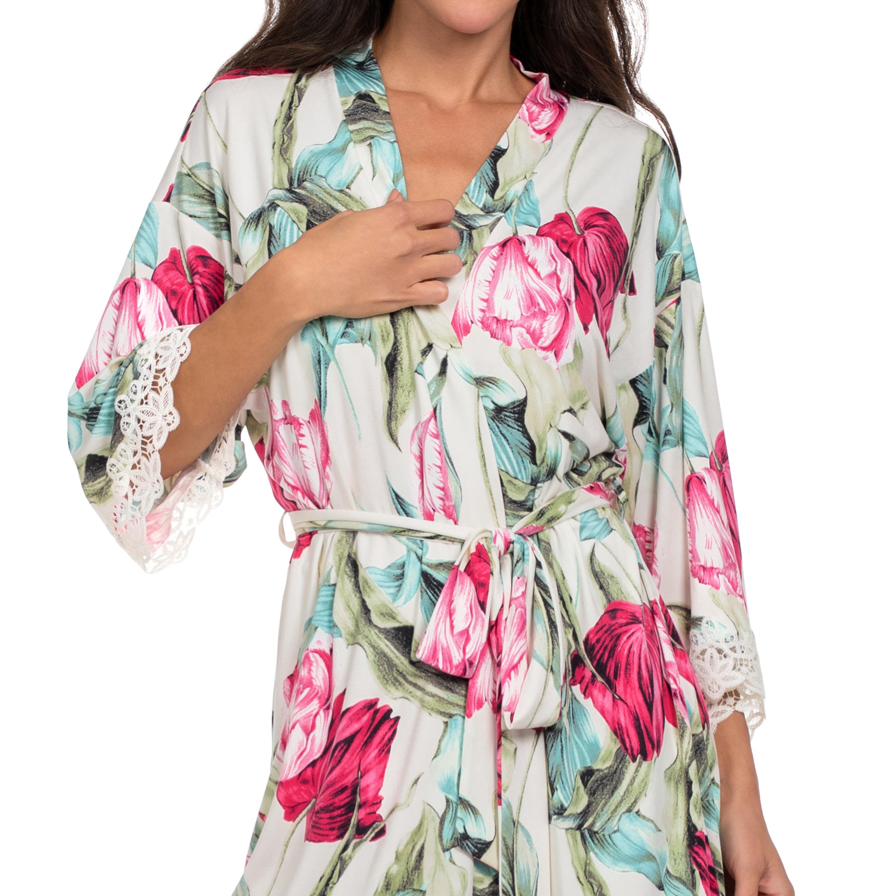Women’s tulip print wrap robe with delicate lace cuffs and adjustable waist tie.