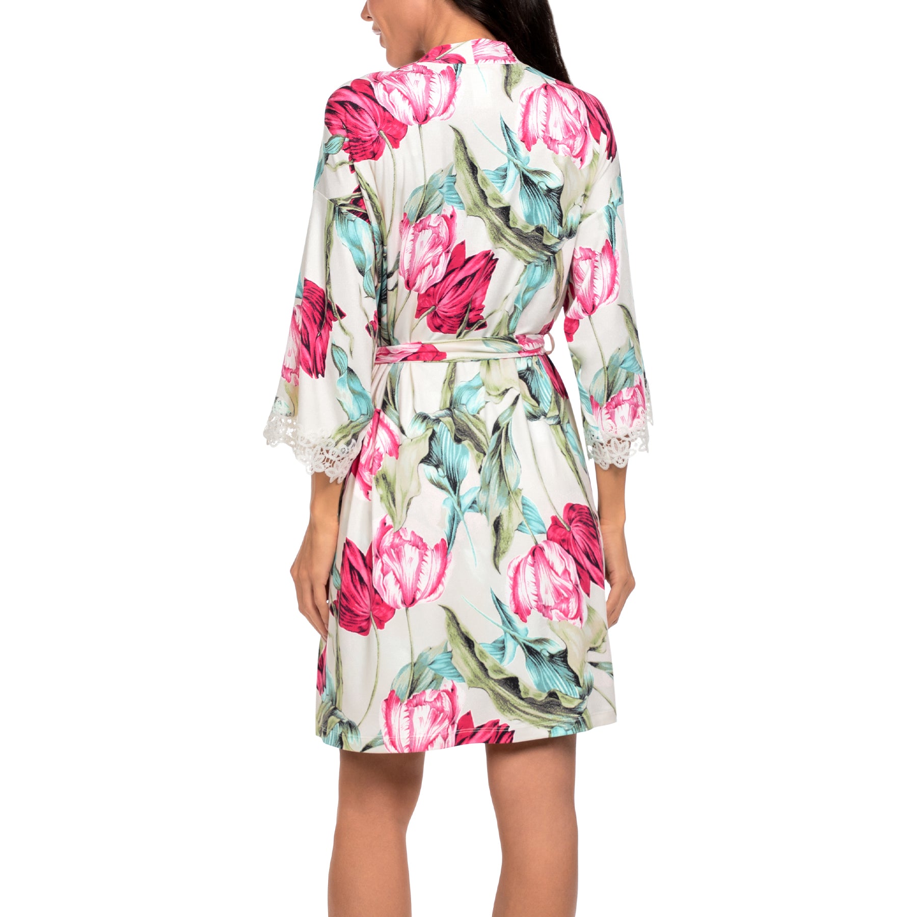 Floral tulip print robe with flowing silhouette, lace sleeve trim and back tie belt.