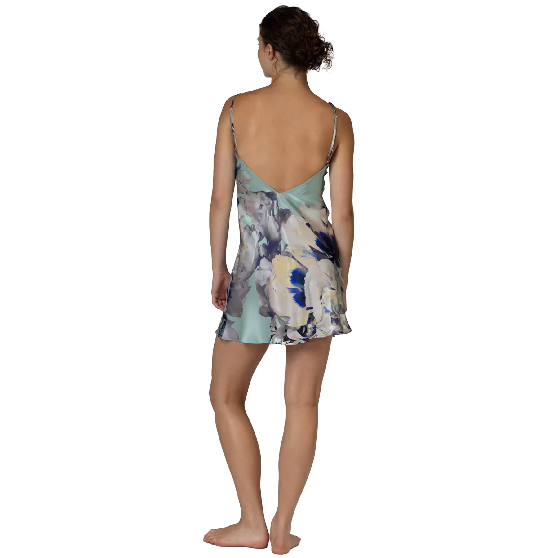 Back view of tranquil print satin nightdress featuring a flowing silhouette and soft floral watercolour design.