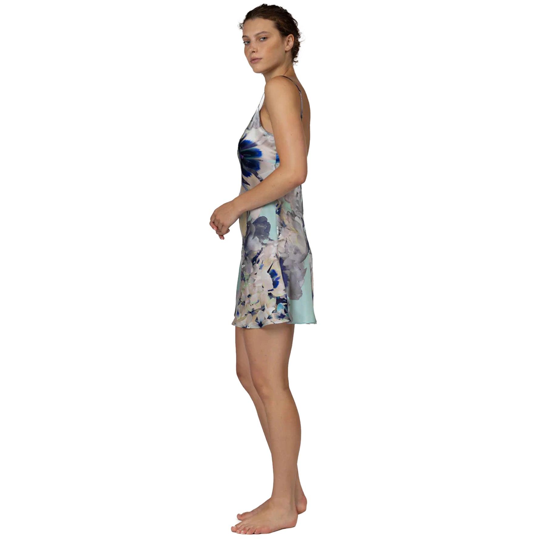 Side view of floral satin chemise with lightweight silky fabric and a feminine relaxed fit.