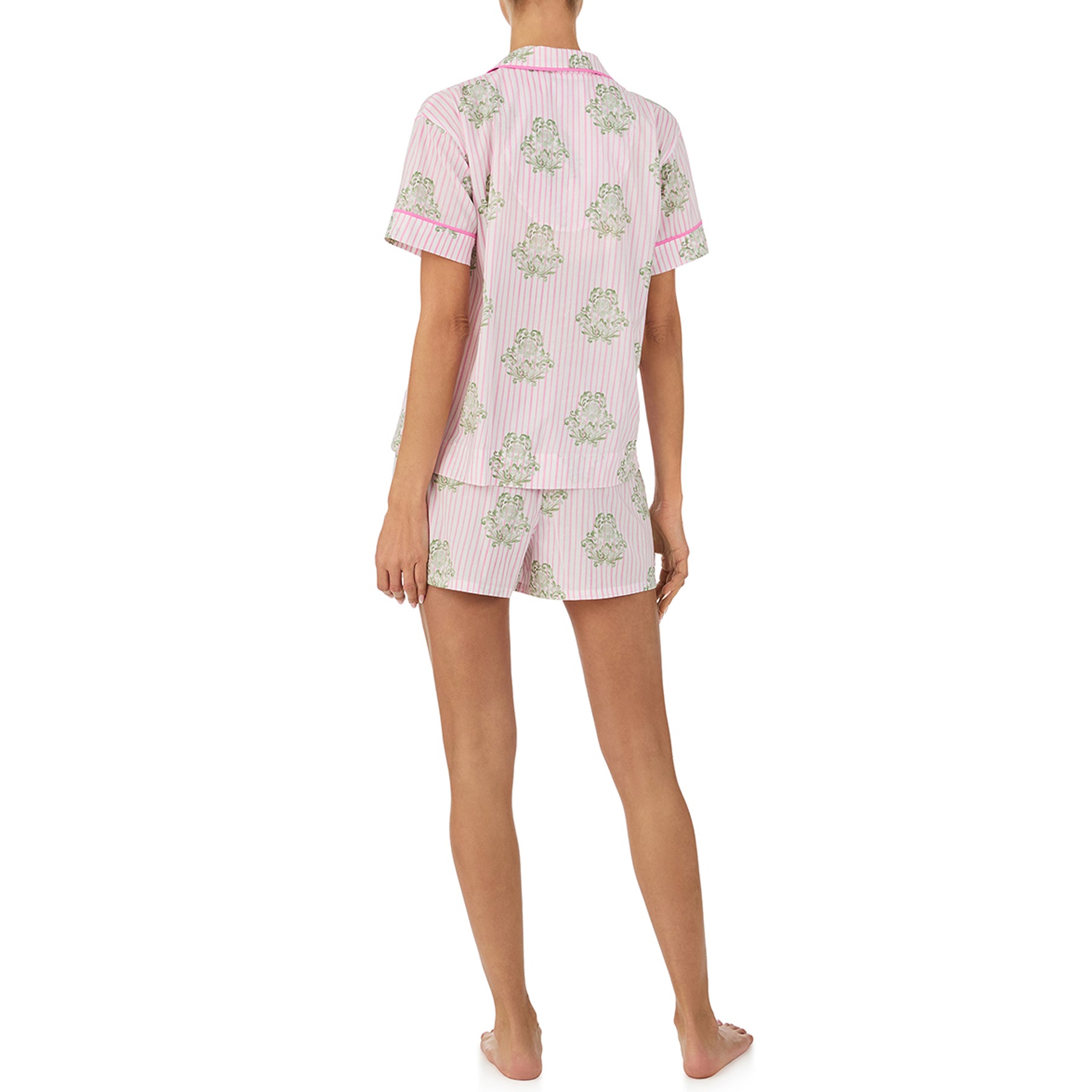 Back view of pink striped short sleeve pyjama set with green floral print, featuring button-up shirt with piping trim and matching shorts