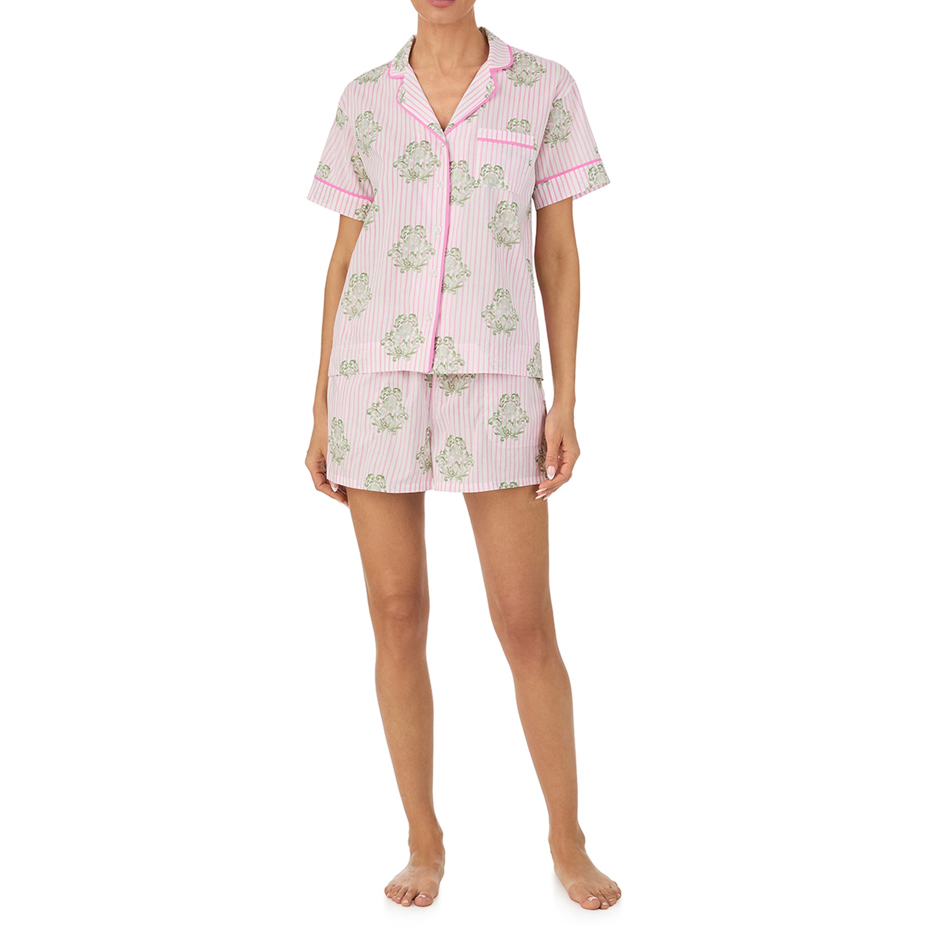 Front view of pink striped pyjama set with green floral motif, short sleeve button-up top with chest pocket and coordinating shorts