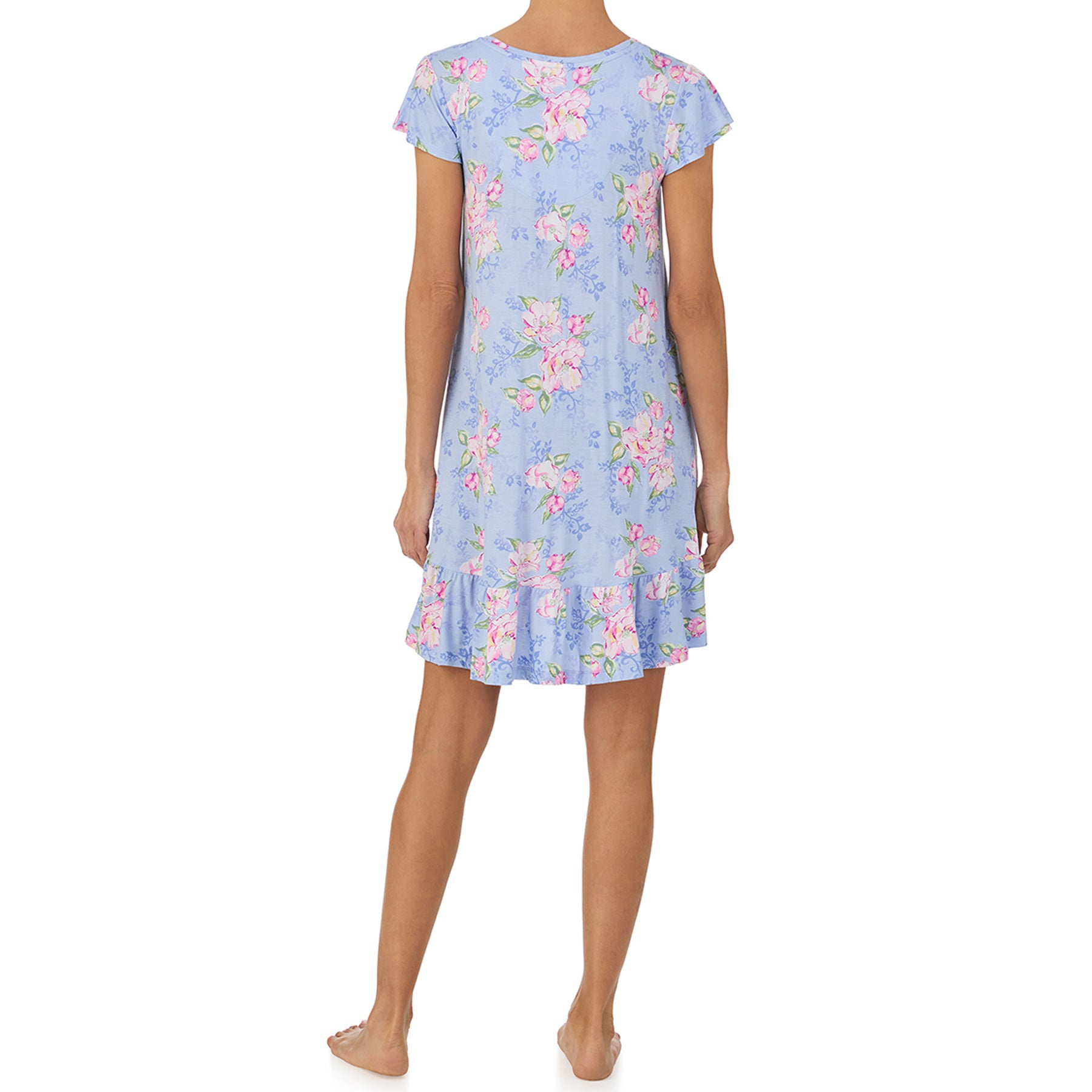Back view of light blue short sleeve nightgown with pink floral print and ruffle hem detail