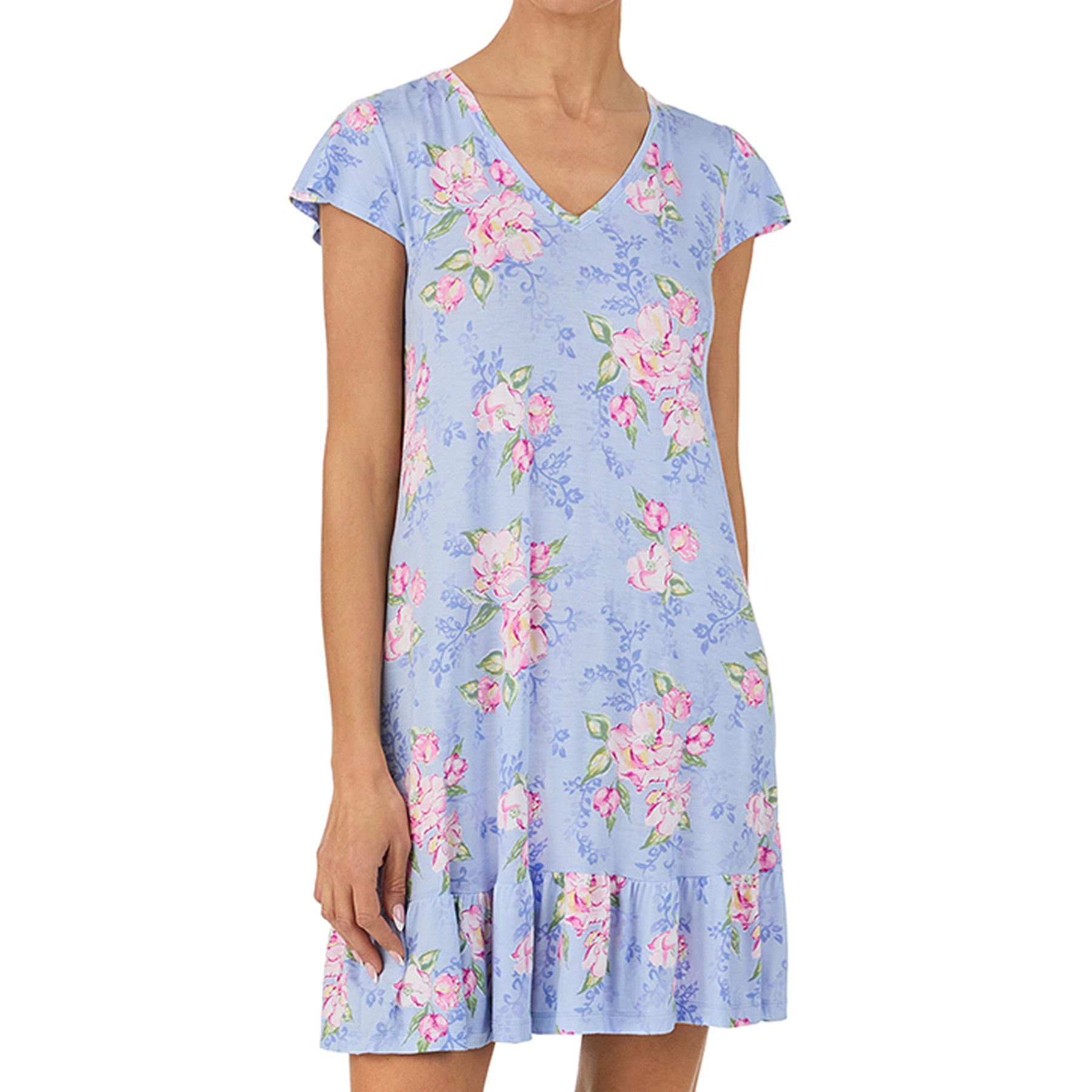Front view of light blue floral nightgown with V-neckline, short sleeves, and soft ruffle hem