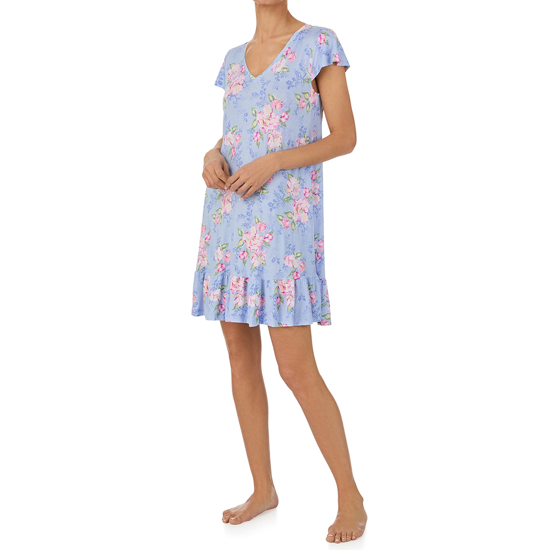 Angled view of blue floral nightgown with pink blossoms, flutter sleeves, and relaxed silhouette