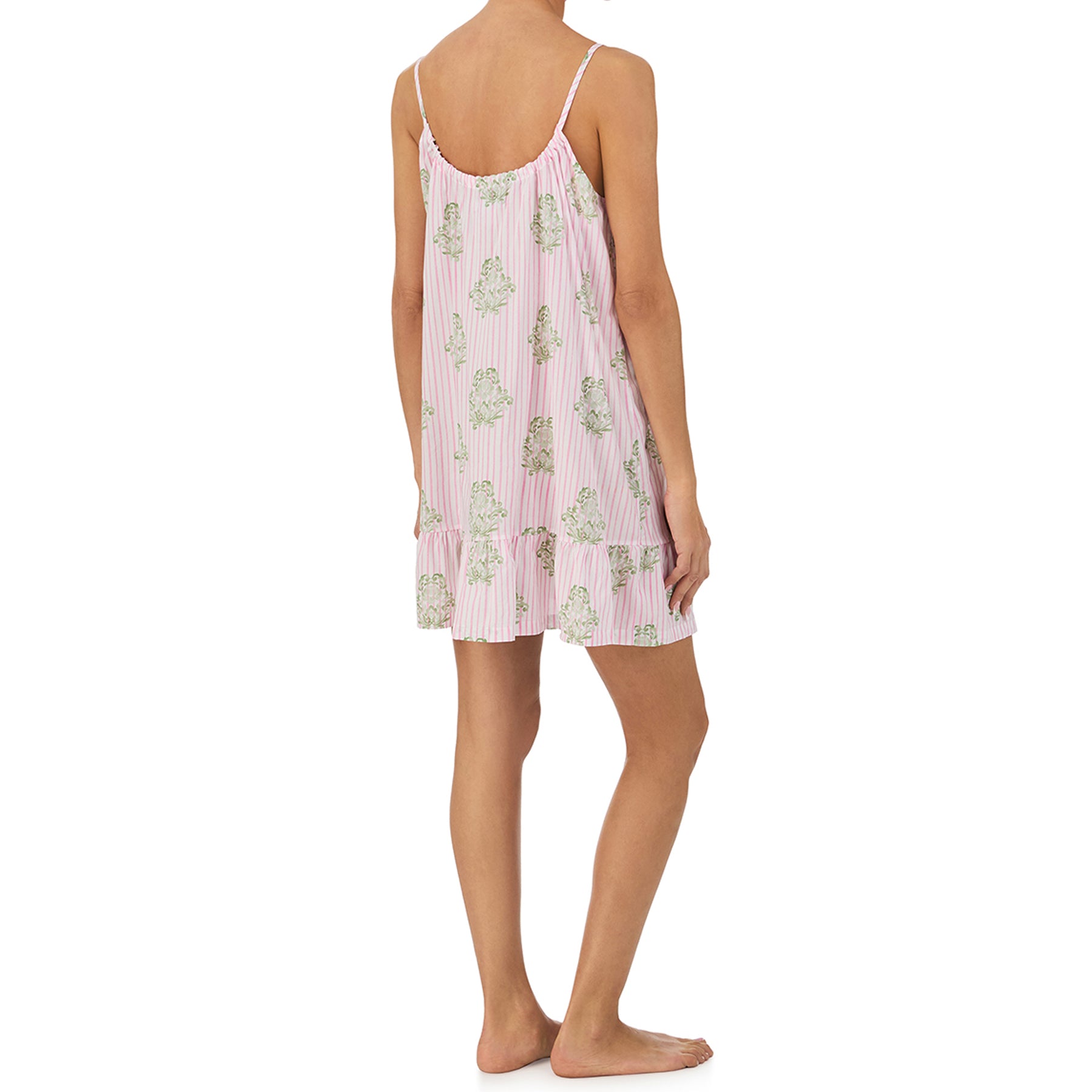 Back view of pink striped camisole nightgown with green floral print, featuring adjustable straps and ruffle hem
