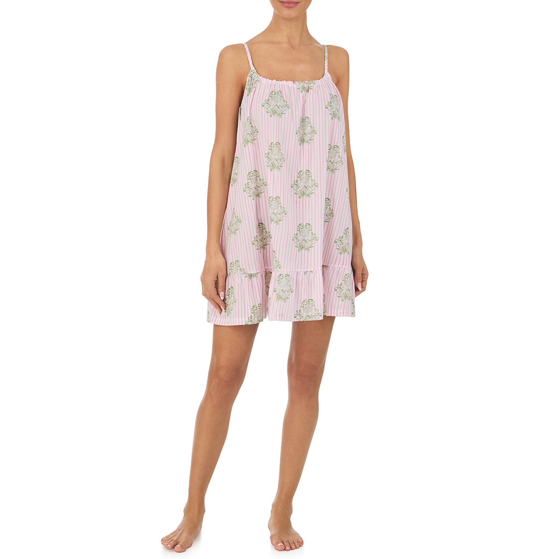 Front view of pink striped cami nightgown with green floral motif, square neckline, and soft ruffle hem