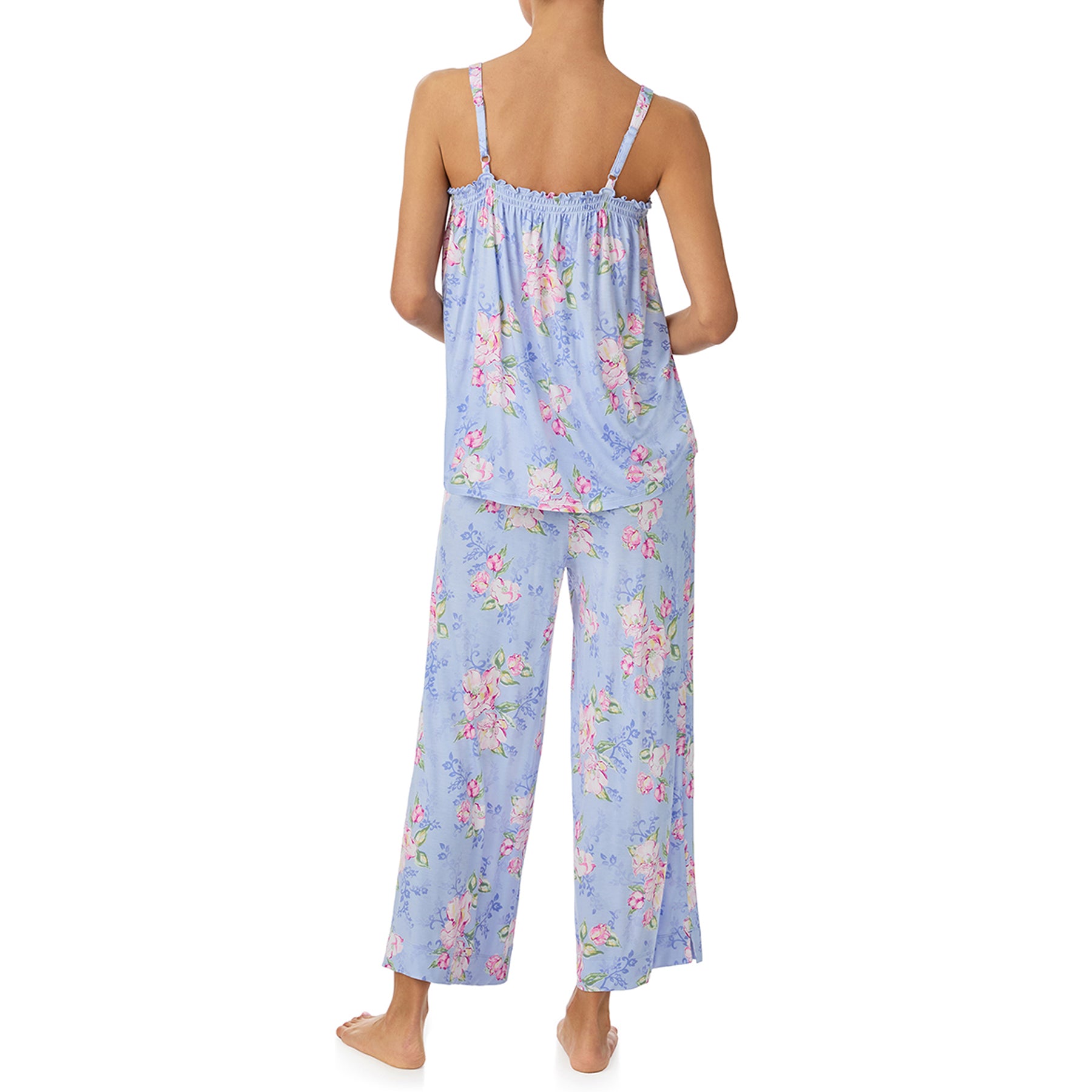 Back view of blue floral camisole and pants set with adjustable straps and flowy wide-leg silhouette
