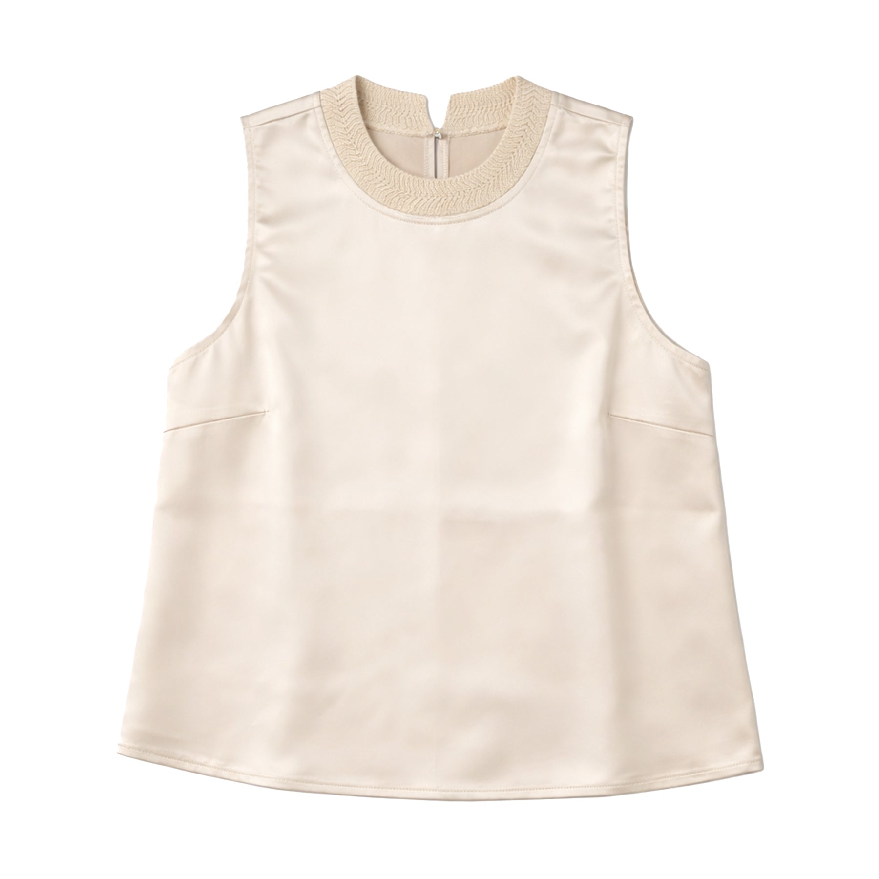 Off-white sleeveless satin blouse with a smooth finish, featuring a textured knit neckline and relaxed straight fit on a clean white background.