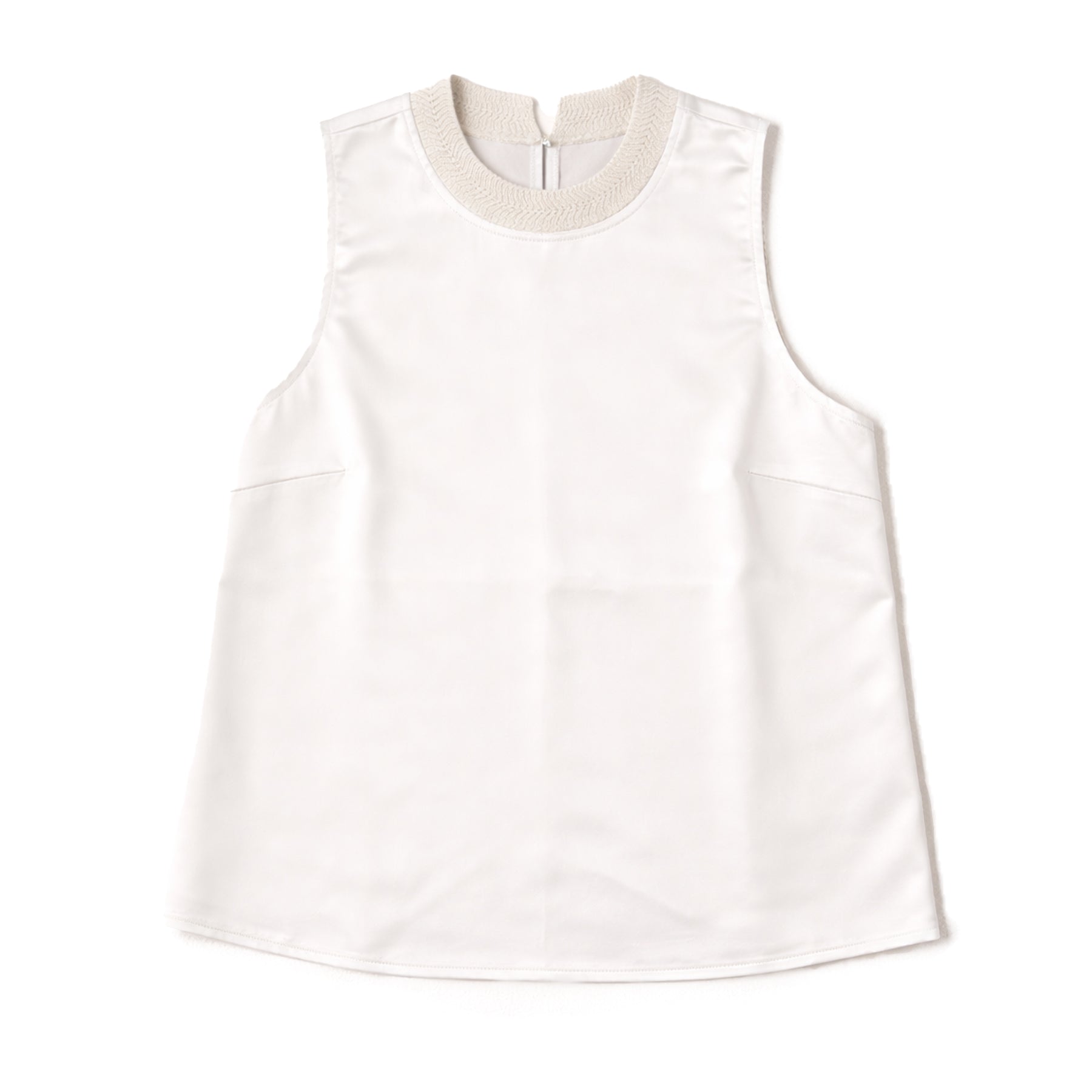 Off-white sleeveless satin blouse with a smooth finish, round neckline featuring textured knit trim, and a relaxed straight silhouette on a clean white background.