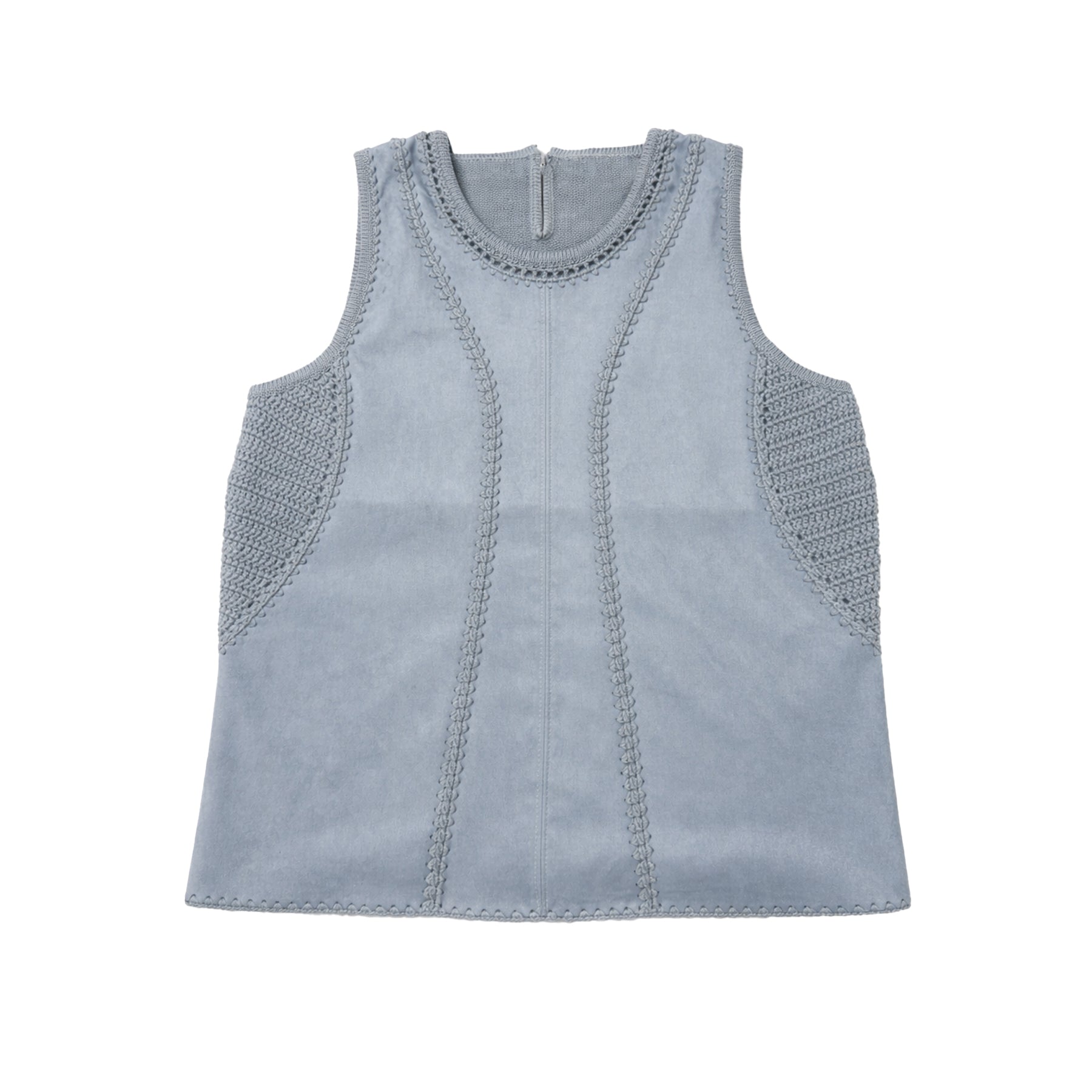 Dusty blue sleeveless suede-effect top with crochet side panels and decorative stitched trim on white background.