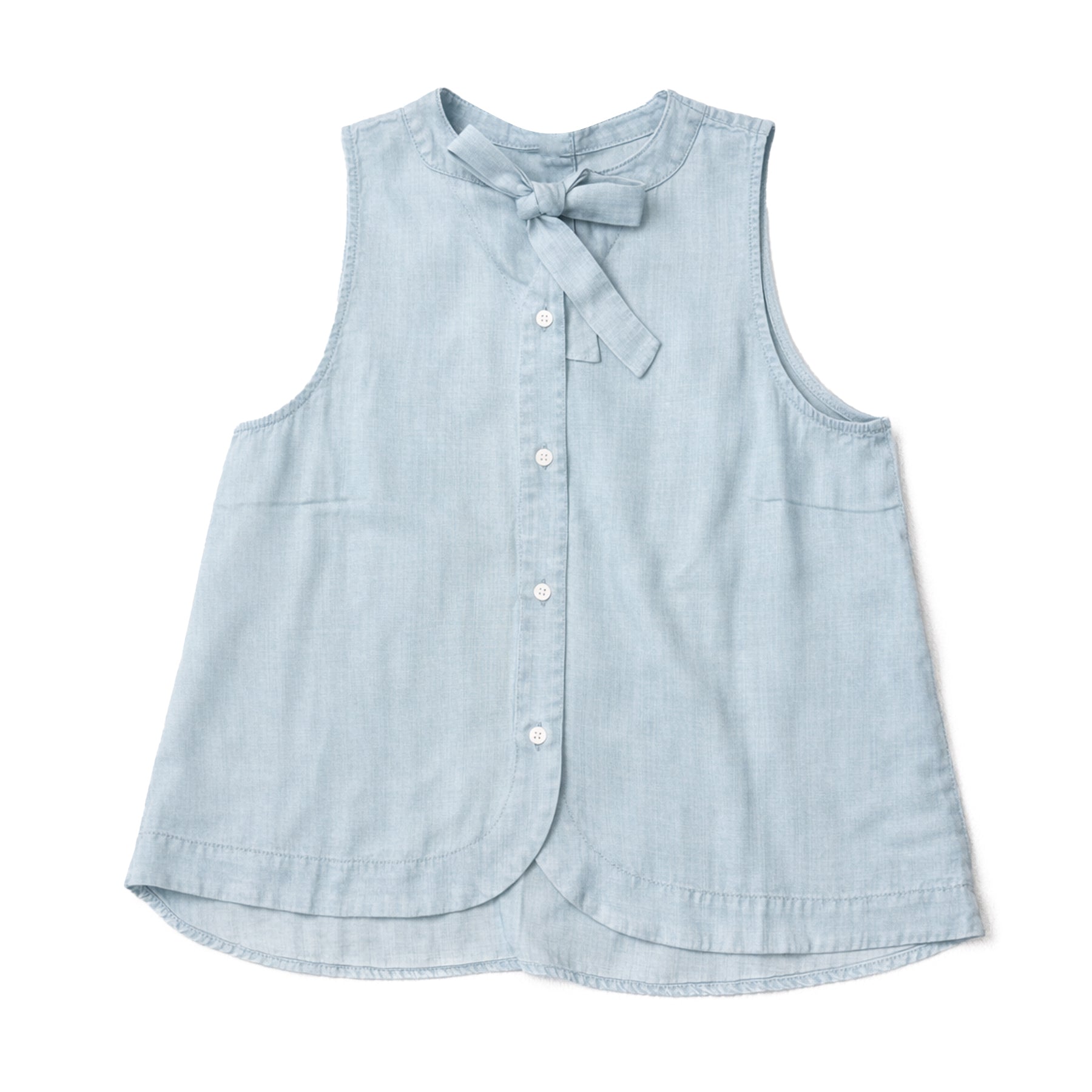 Light blue sleeveless chambray blouse with tie neckline, button-down front, and curved hem on a clean white background.