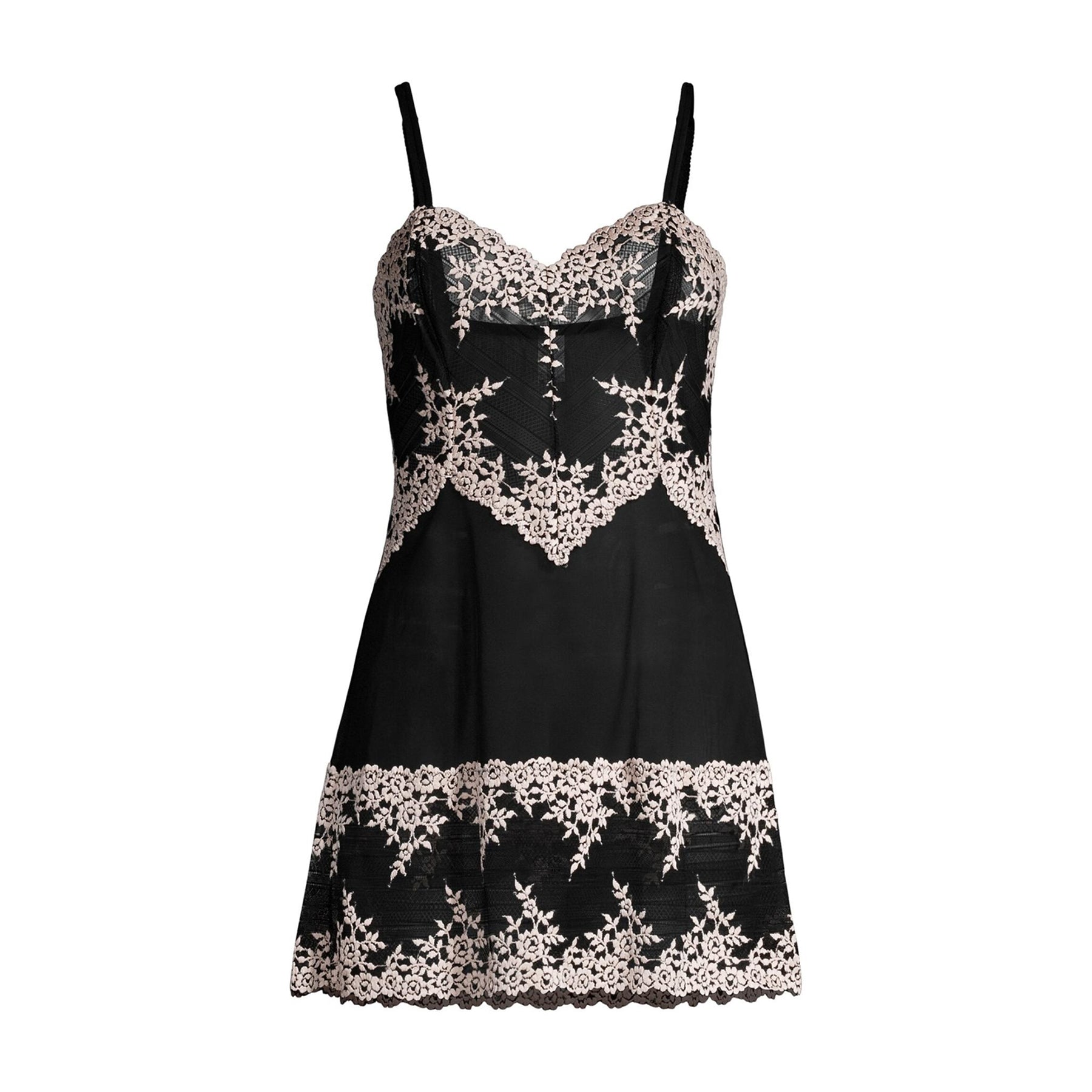 Spaghetti strap sheer black mesh chemise with cream lace embroidery details without model front view