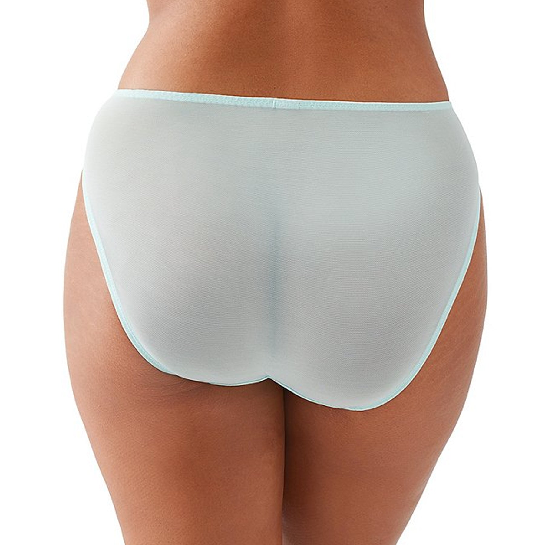 High waist full brief in sheer eggshell/brittany blue panty with tonal embroidery details. Rear view on model.