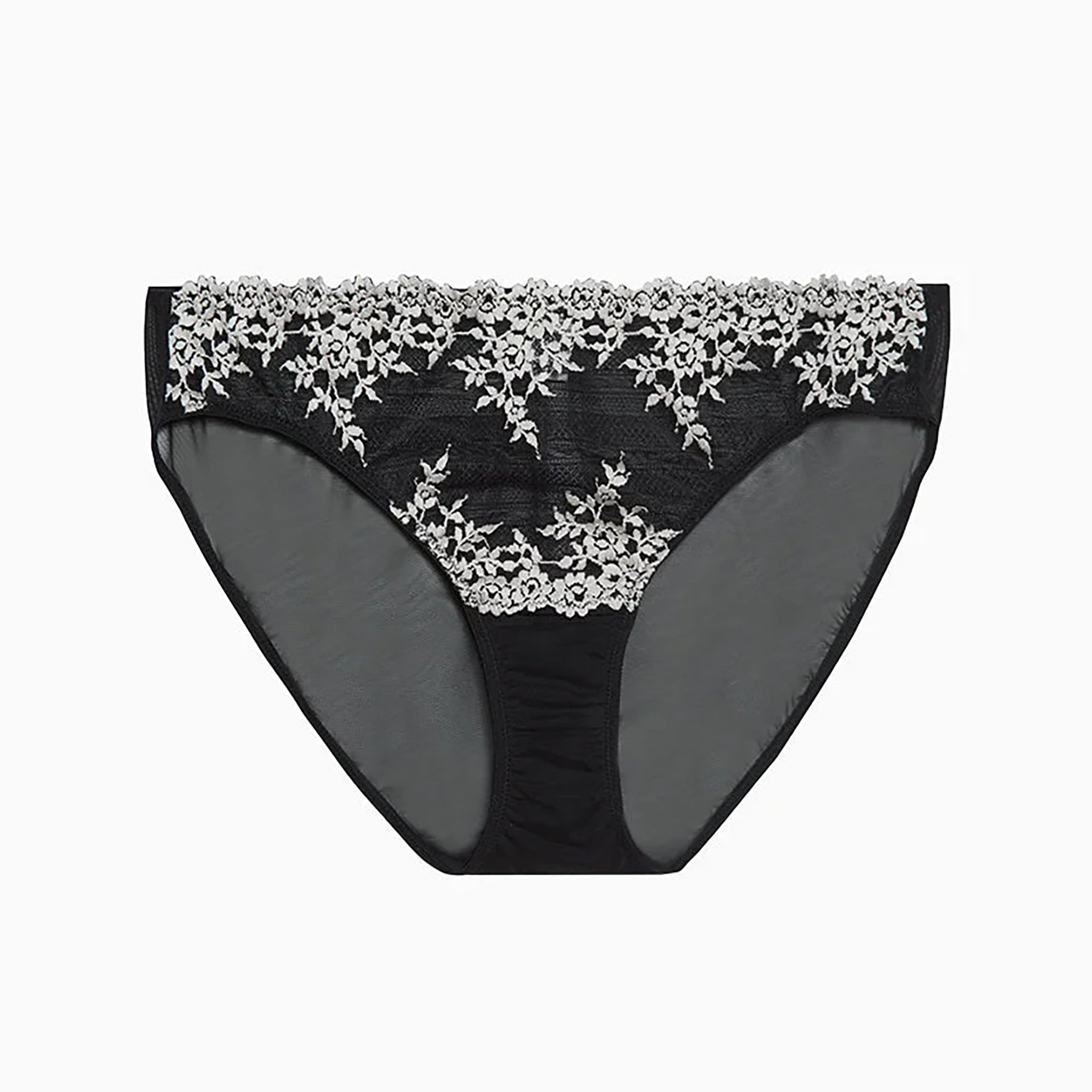 Wacoal embrace lace high waist sheer black mesh brief 841191 with cream lace embroidery details. Flat lay without model.