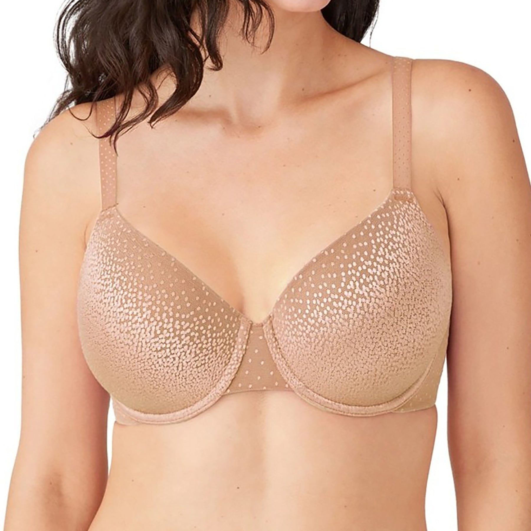 Wacoal balcony bra in nude praline with shiny accent flecks on fabric on model front view closeup