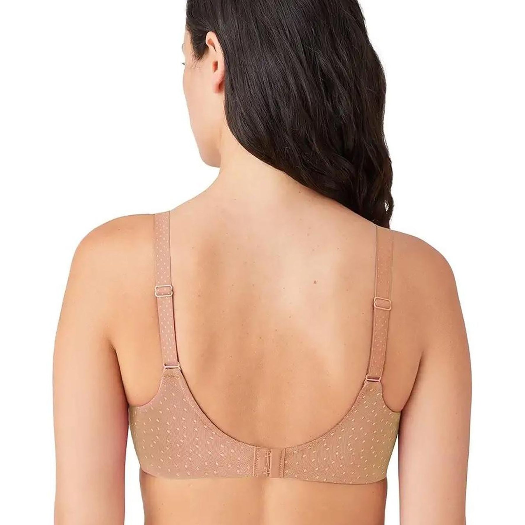 Wacoal balcony bra in nude praline with shiny accent flecks on fabric on model rear view