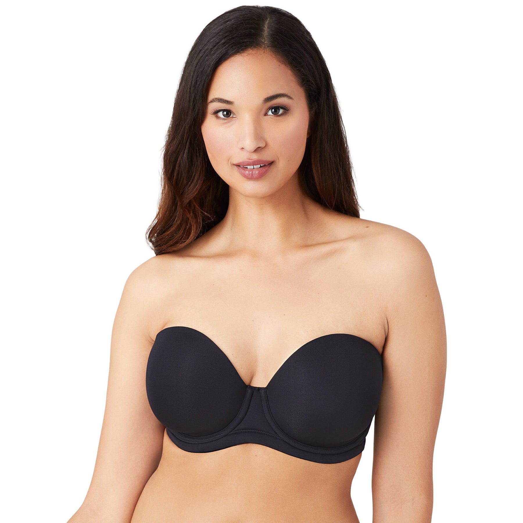 Strapless black bra on model front view