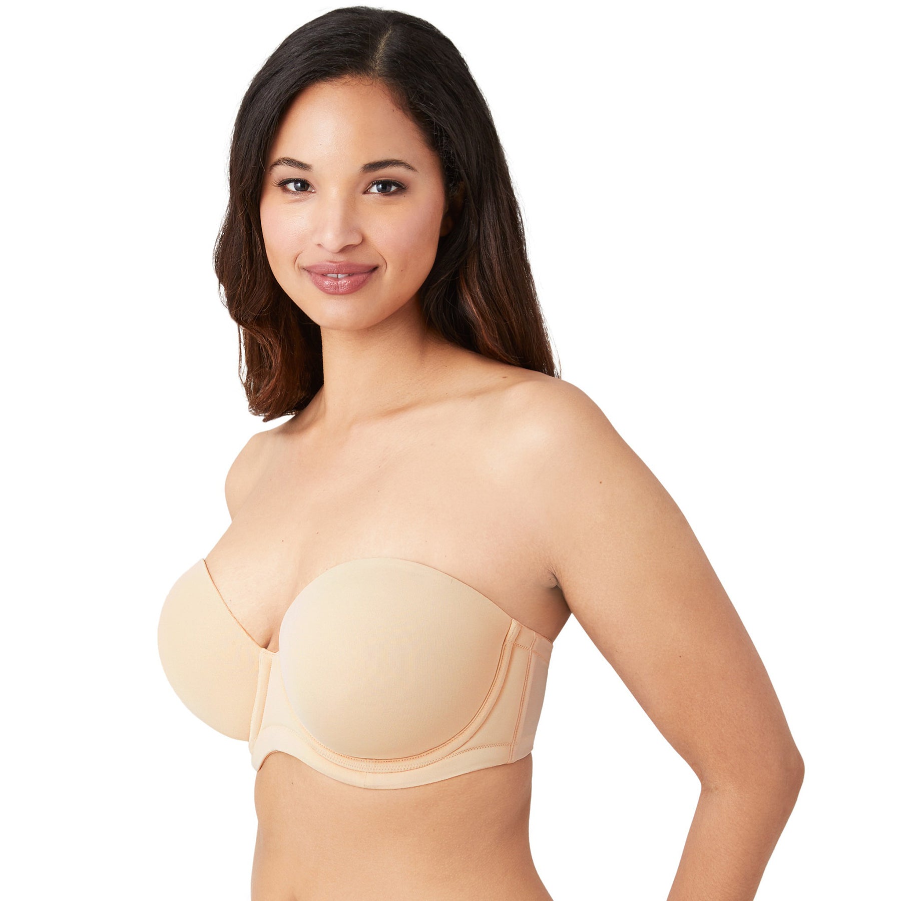 Strapless nude bra on model side view