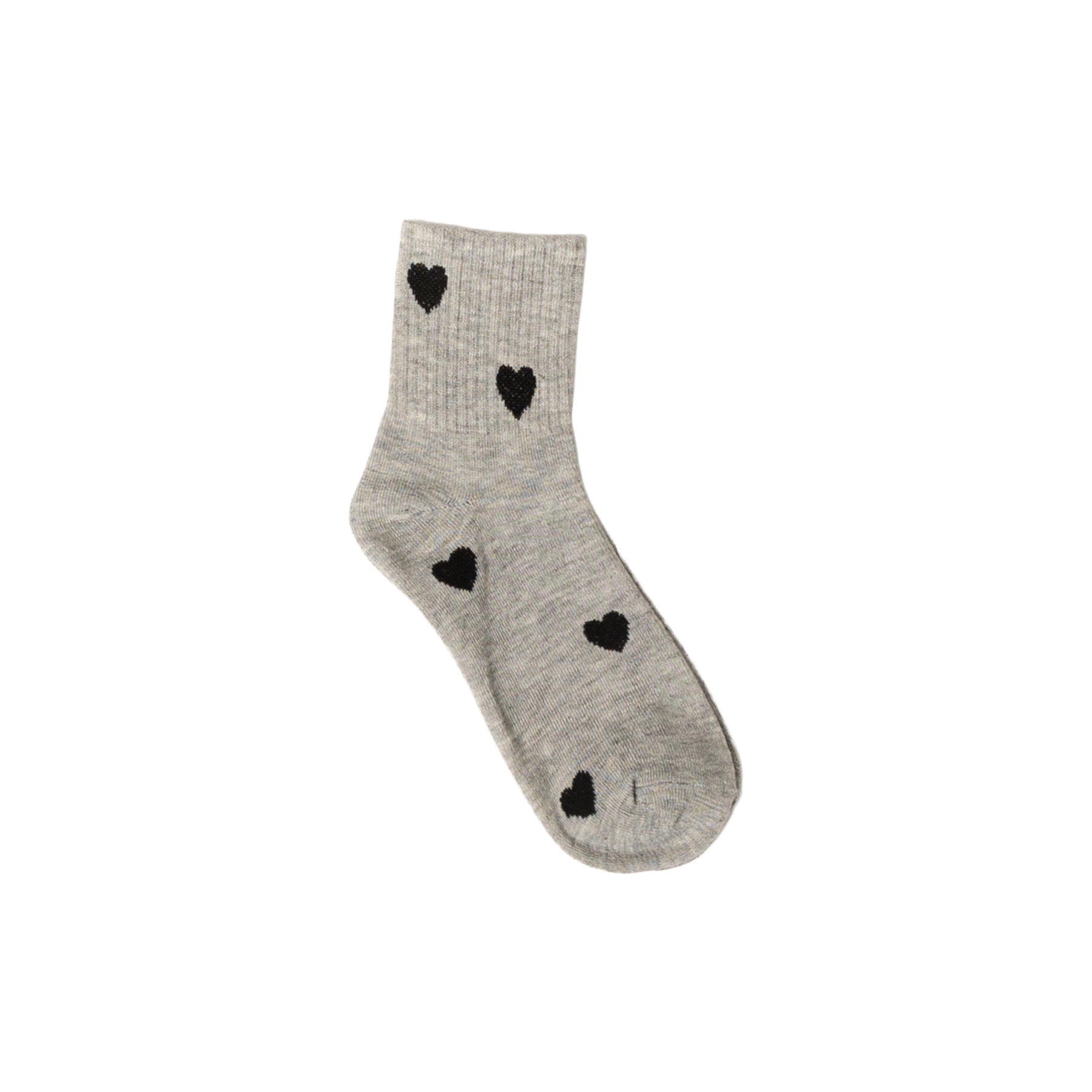 Women's heather grey crew socks featuring black heart pattern, ribbed cuff, and soft cotton-blend knit for everyday wear.
