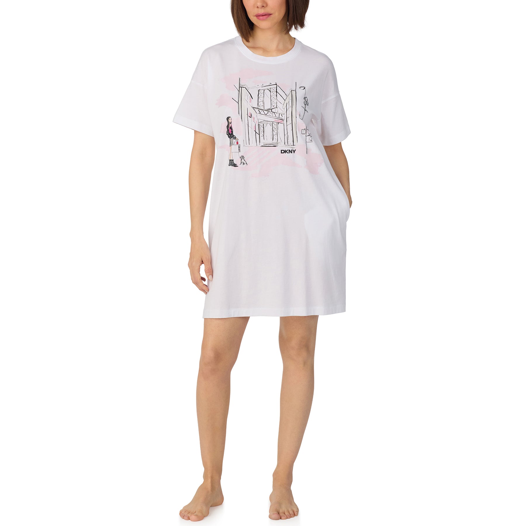 Relaxed fit white DKNY sleep tee dress with oversized silhouette and graphic city print.