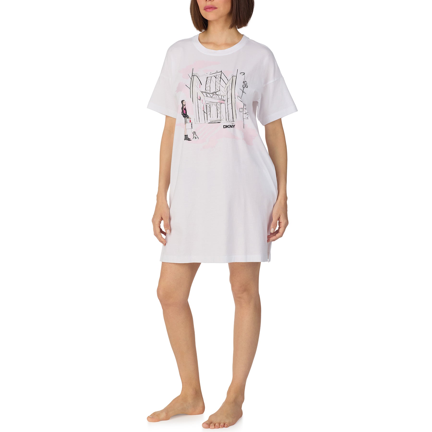 Front view of white short sleeve DKNY sleep dress featuring New York inspired artwork.