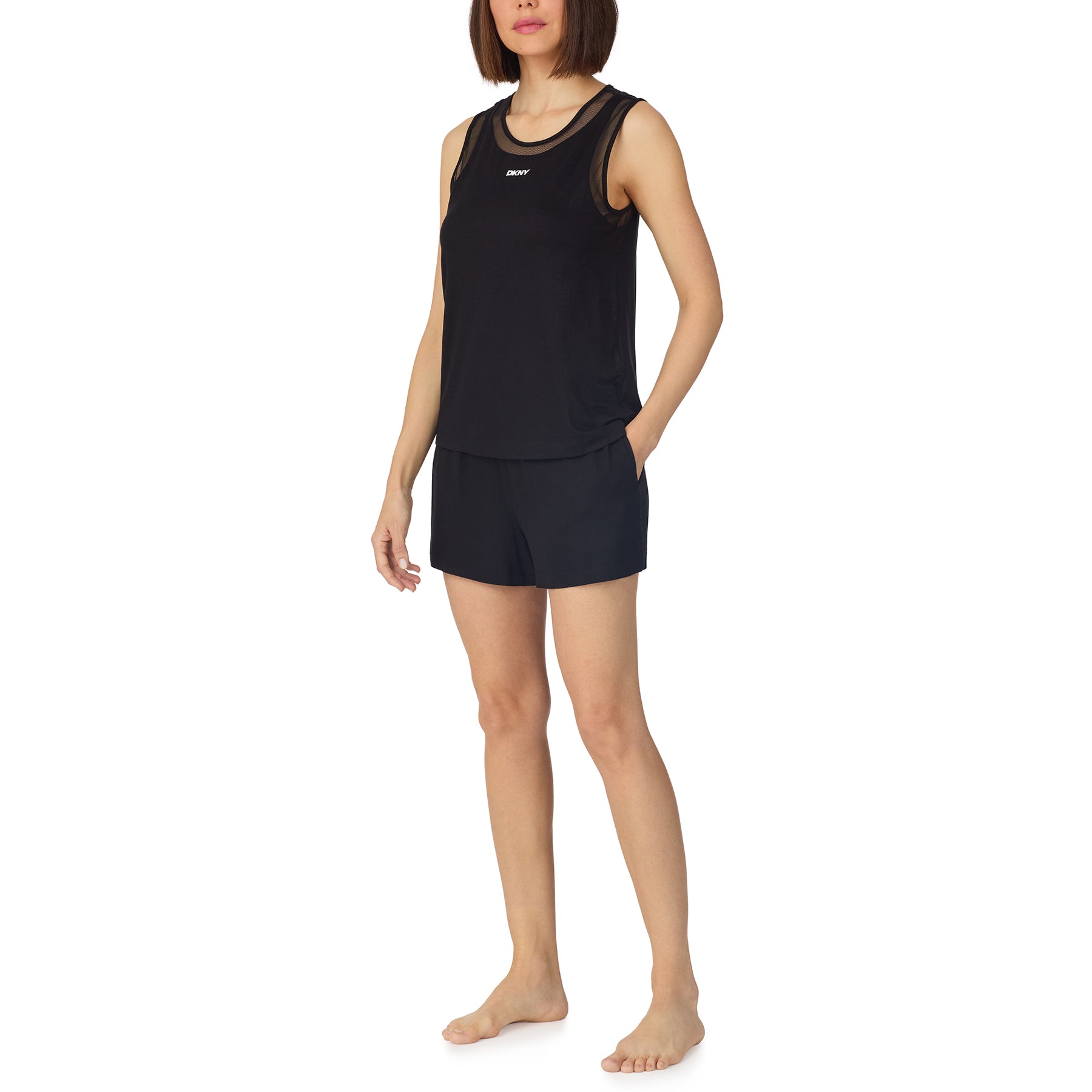 Side view of black DKNY lounge set featuring mesh trim tank top and soft shorts