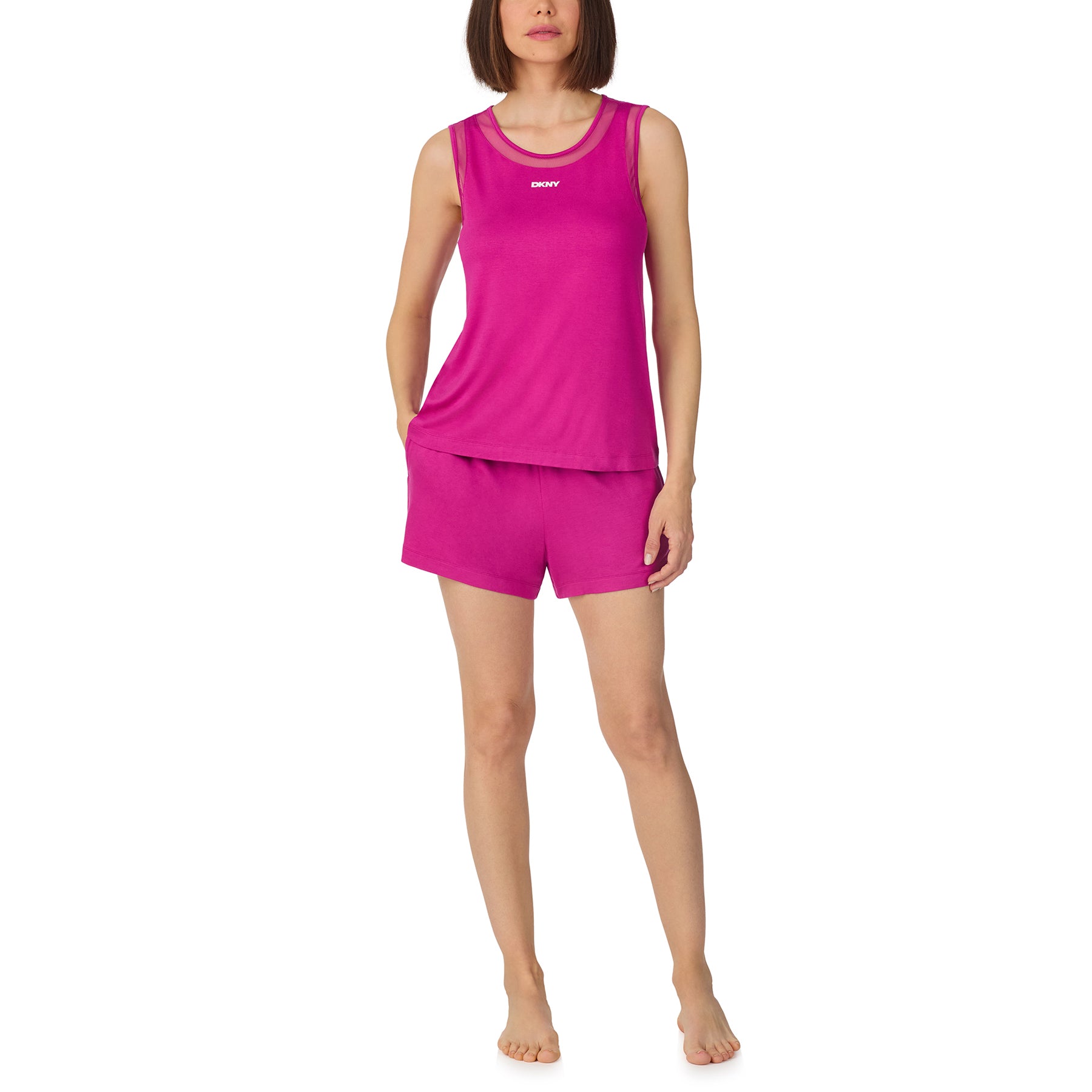 Front view of DKNY fuchsia sleeveless pyjama set with relaxed shorts and sporty mesh trim