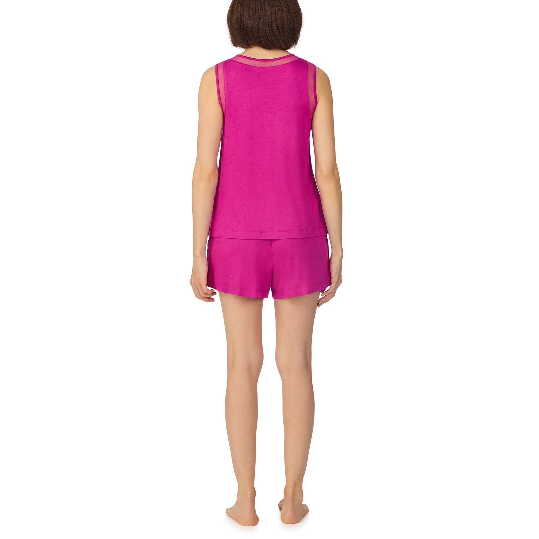 Back view of DKNY fuchsia sleepwear set with mesh back neckline and relaxed fit shorts