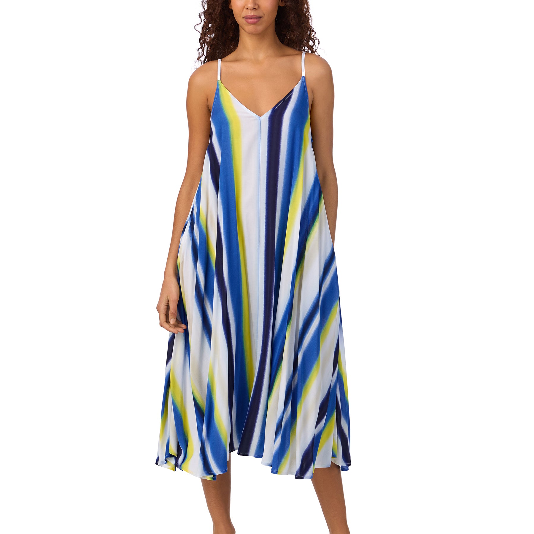 Back view of a flowy striped midi dress with adjustable straps and a low V-cut back.