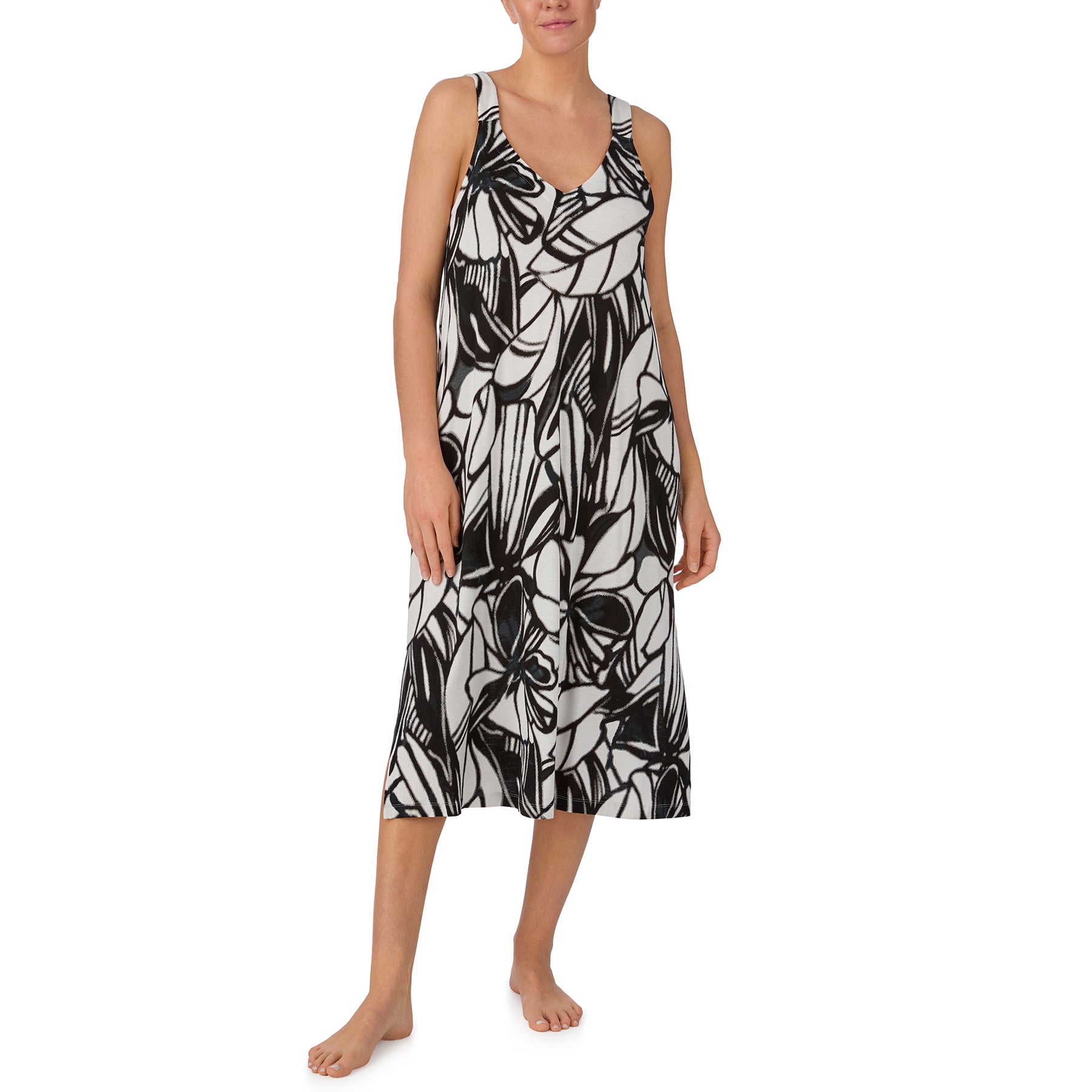 Sleeveless black and ivory floral print nightgown with a relaxed midi silhouette and soft scoop neckline.