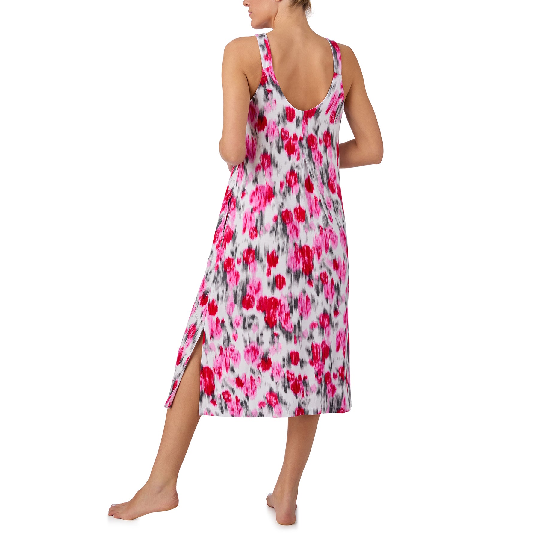 Back view of a sleeveless pink floral midi nightgown with soft watercolour print and side slit detail.