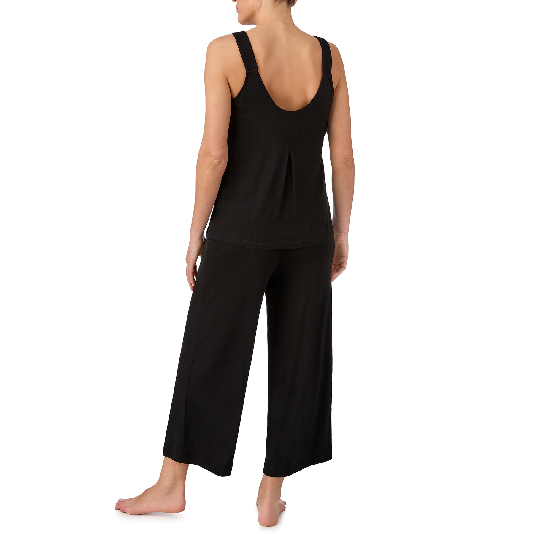 Back view of a black sleeveless lounge set with a relaxed camisole top and wide-leg cropped pants.