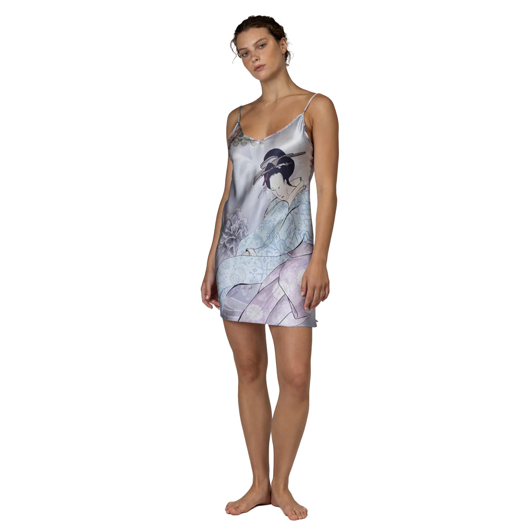 Silky slip dress with geisha print in soft blue and lavender tones, spaghetti straps, relaxed fit, front view