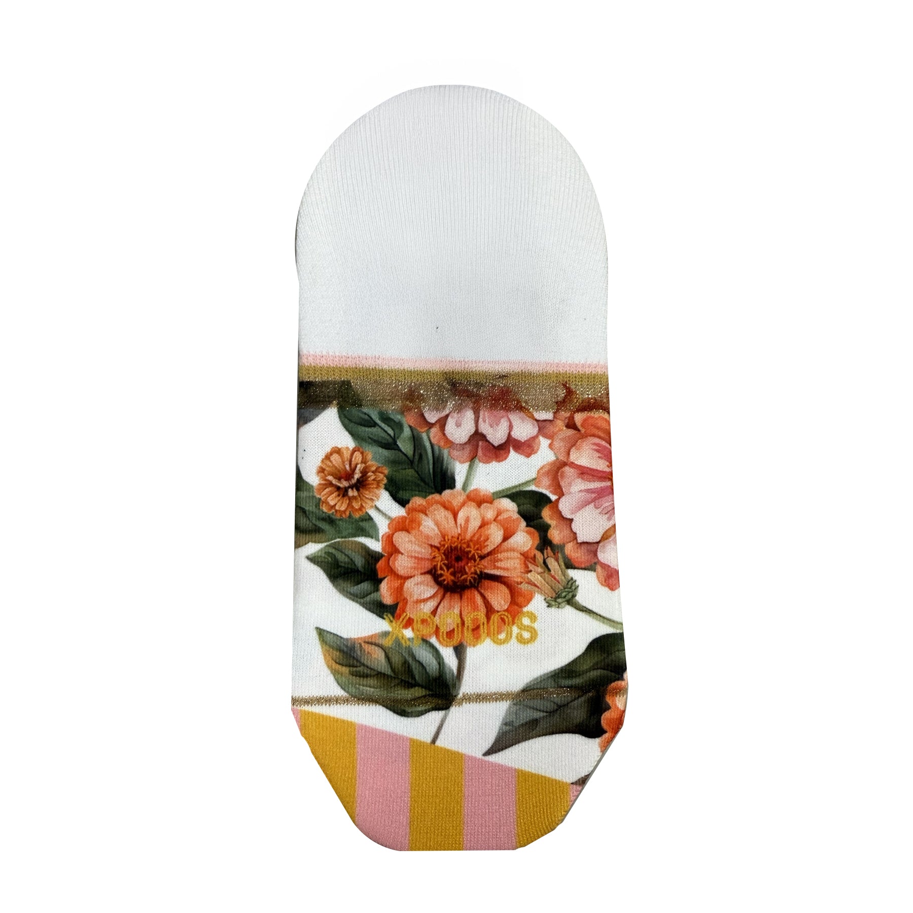 Floral print no-show sock with coral and peach flowers, green leaves, ivory background, metallic gold stripe cuff and pink and mustard striped toe.