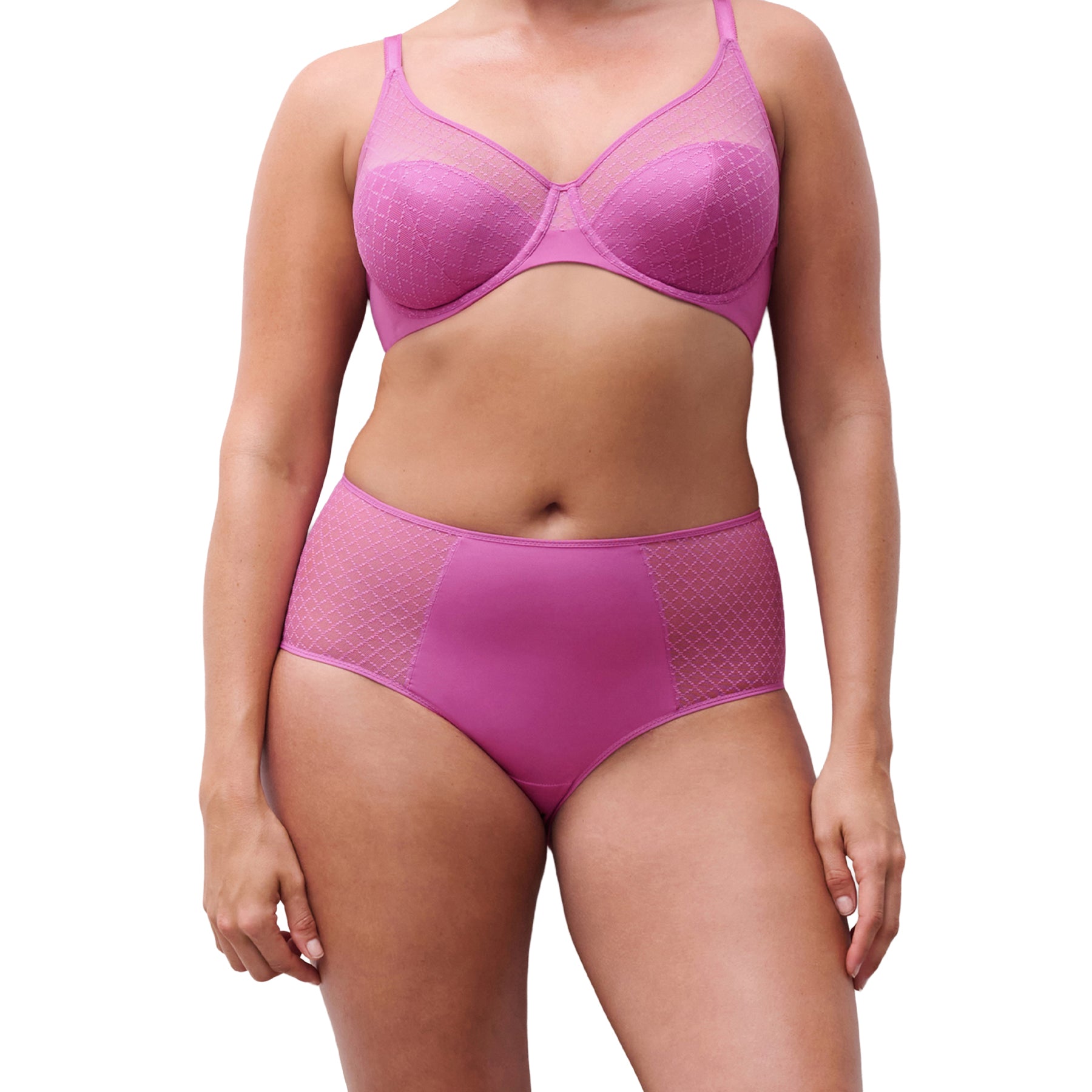 Front view of a pink full brief worn with a matching lace bra, offering smooth coverage and a flattering high-rise fit.