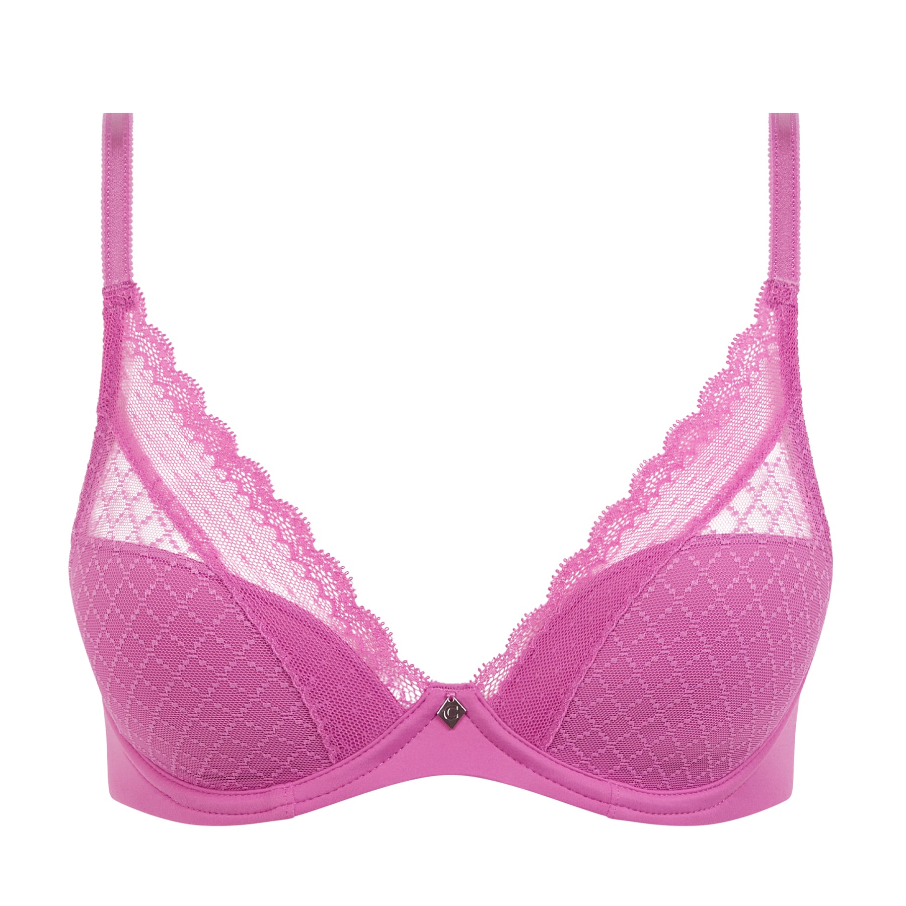 Front view of a pink lace underwire bra showcasing delicate mesh cups, scalloped lace trim, and supportive structure.