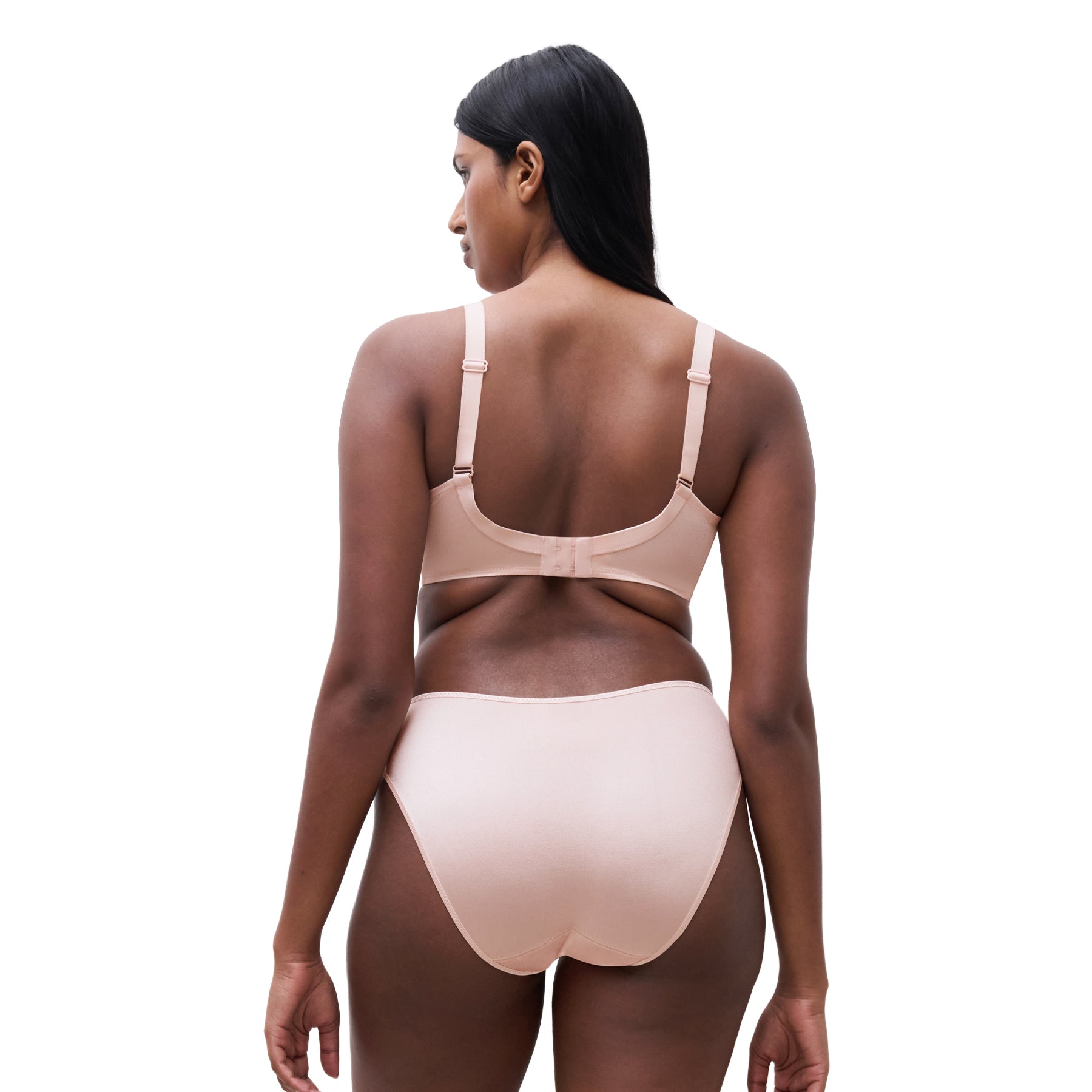 Back view of a nude full-cup bra with adjustable straps and smooth supportive band.