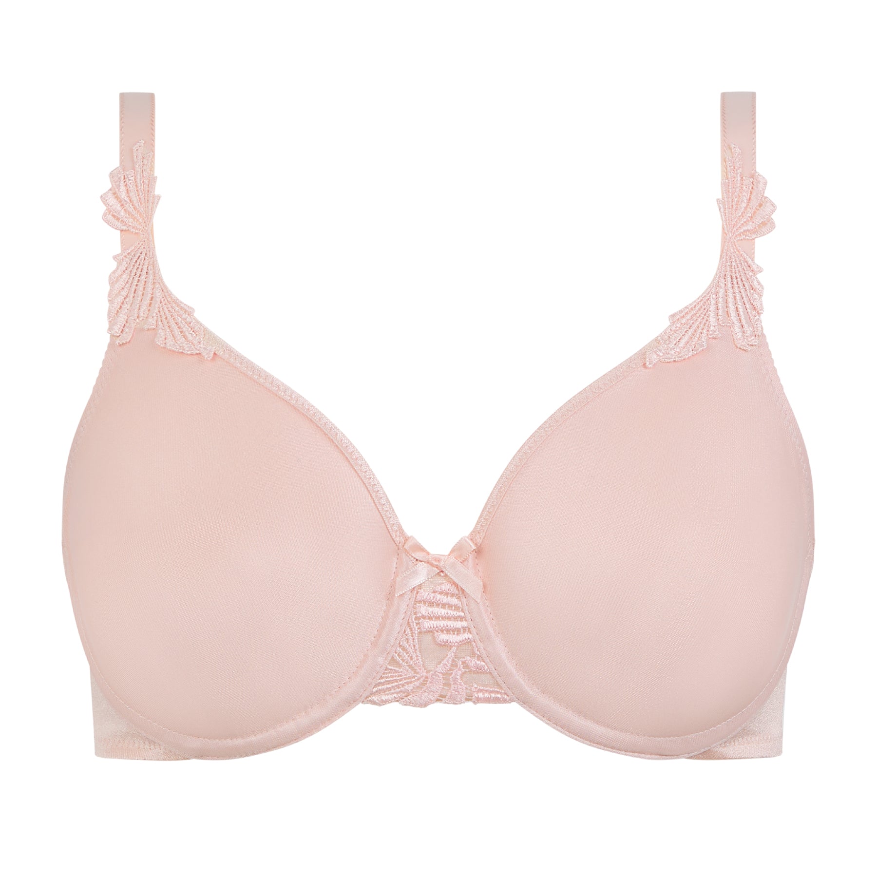 Front view of a nude full-cup bra featuring smooth moulded cups, lace centre panel, and supportive underwire.