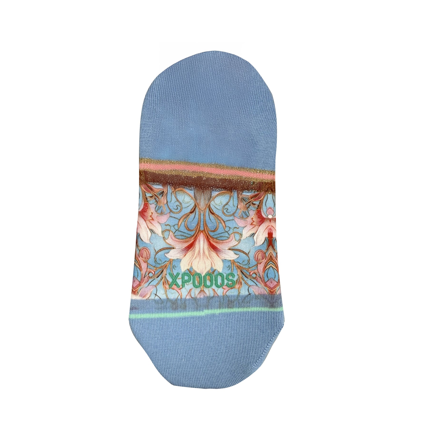 Light blue ankle socks with ornate floral print panel, pink and gold trim detail, green toe stripe, and XPOOOS logo on the sole.