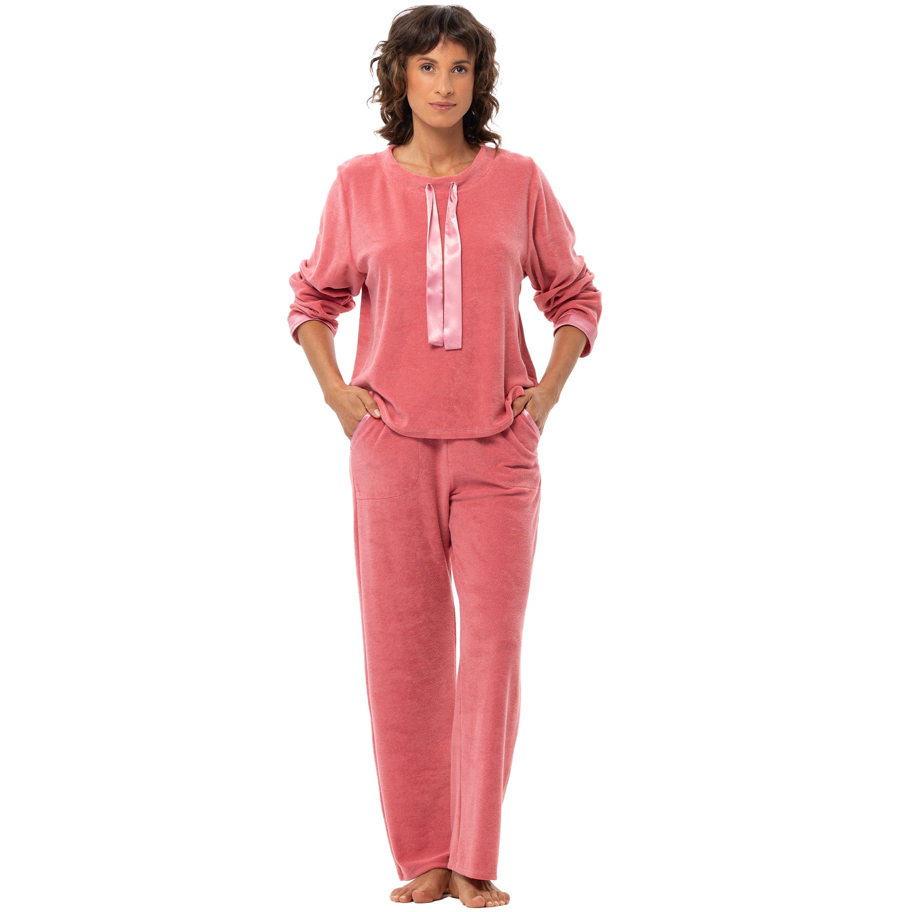 Front view of pink long sleeve lounge top with satin ribbon neckline and matching pants