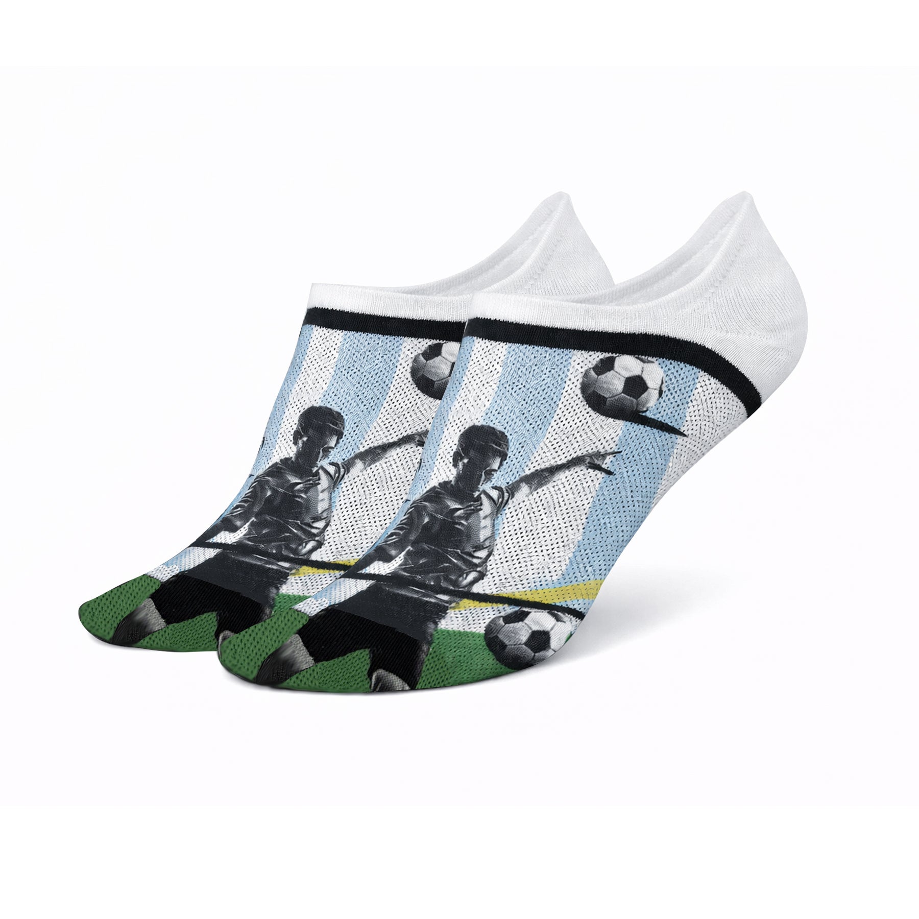 Pair of white football-themed ankle socks featuring player silhouette and soccer ball print with blue stripes, black trim, and green toe detail.