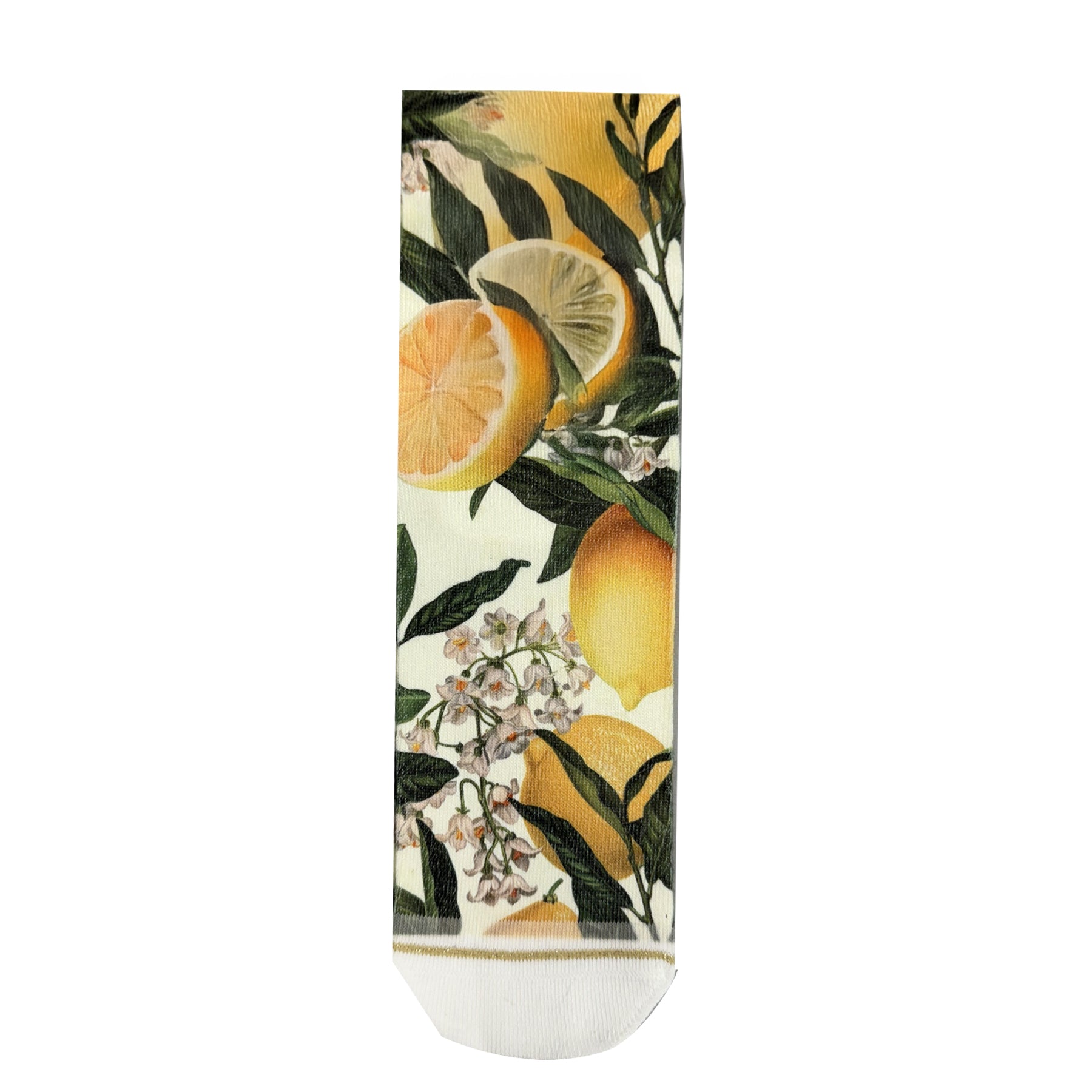 Full-length view of XP000S citrus print crew socks with lemons, sliced oranges, green foliage and white toe against a white background.