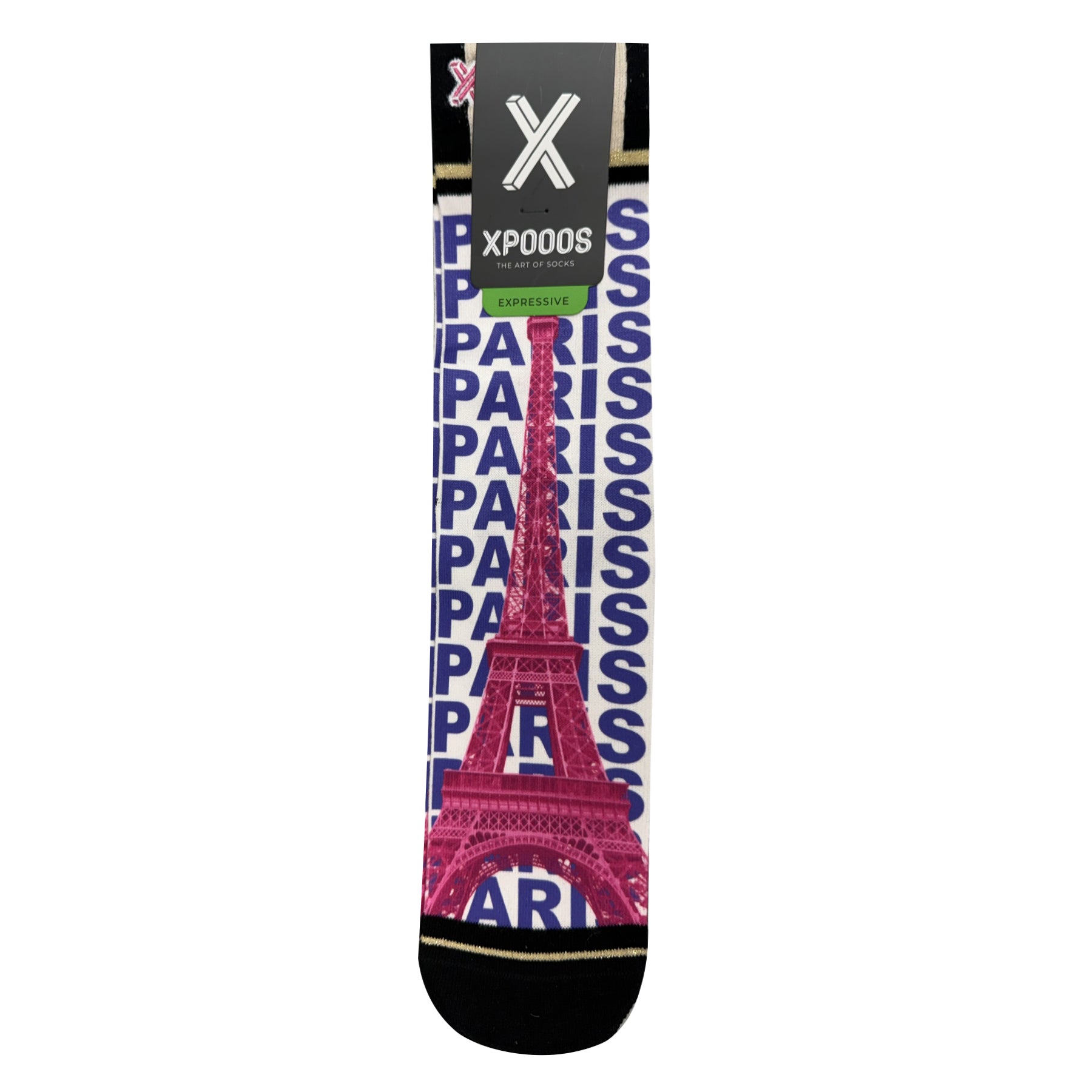 XPOOOS Paris mid-calf socks featuring a pink Eiffel Tower graphic over bold blue “PARIS” typography with black cuff and toe, shown flat with branded tag.