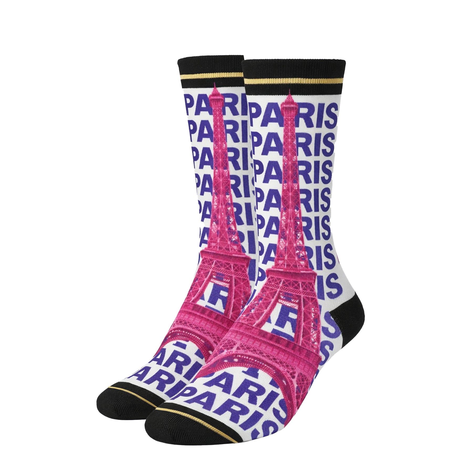 Pair of XPOOOS Paris mid-calf socks displayed in 3D view featuring pink Eiffel Tower artwork, bold blue Paris text pattern, black toe and cuff with gold stripe detail.