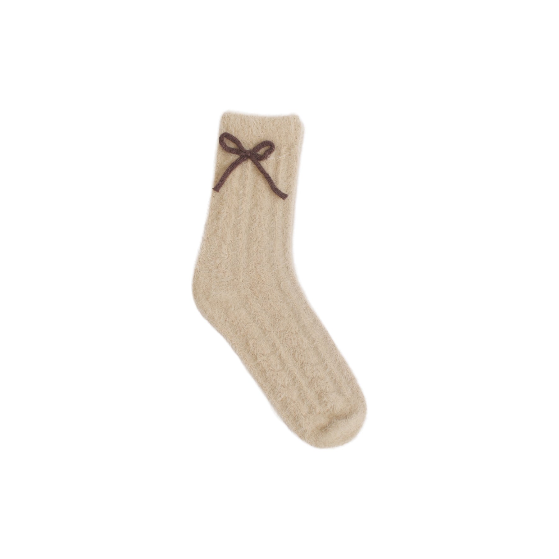 Cream cable-knit fuzzy crew socks in a soft brushed finish, featuring a delicate brown bow at the cuff for a cozy, feminine look.