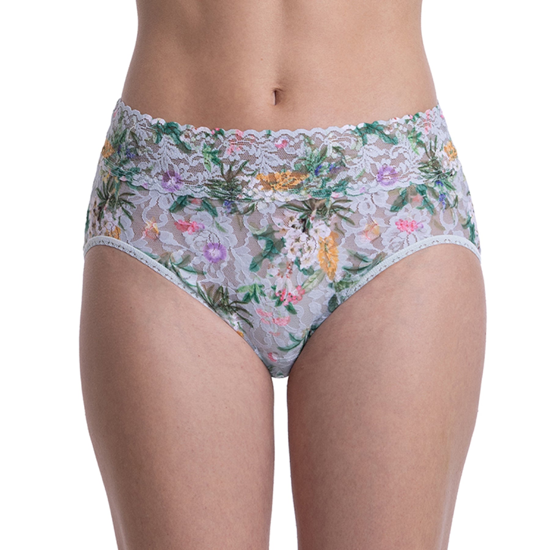 Front view of floral lace high-waisted briefs with a soft scalloped waistband and delicate multicolour botanical print