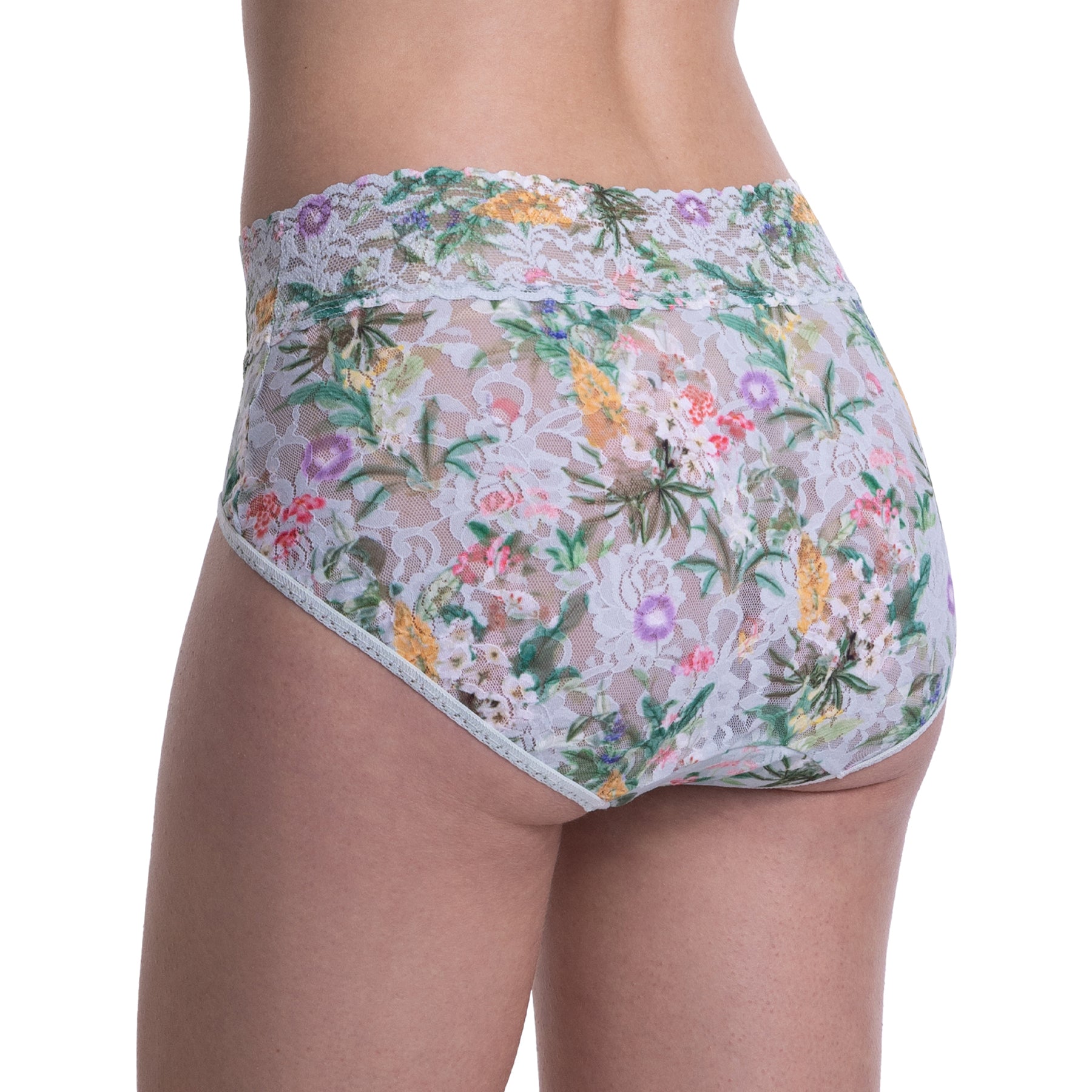 Angled back view of floral lace high-waisted briefs showing the soft stretch lace and seamless finish.